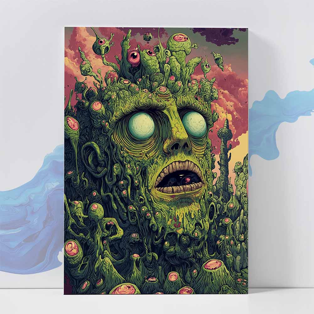 Trippy Horror Green Monster Poster Poster -Psychedelic Creepy Art 370 GSM with Double Side Tape Ready to Stick Wall Decor