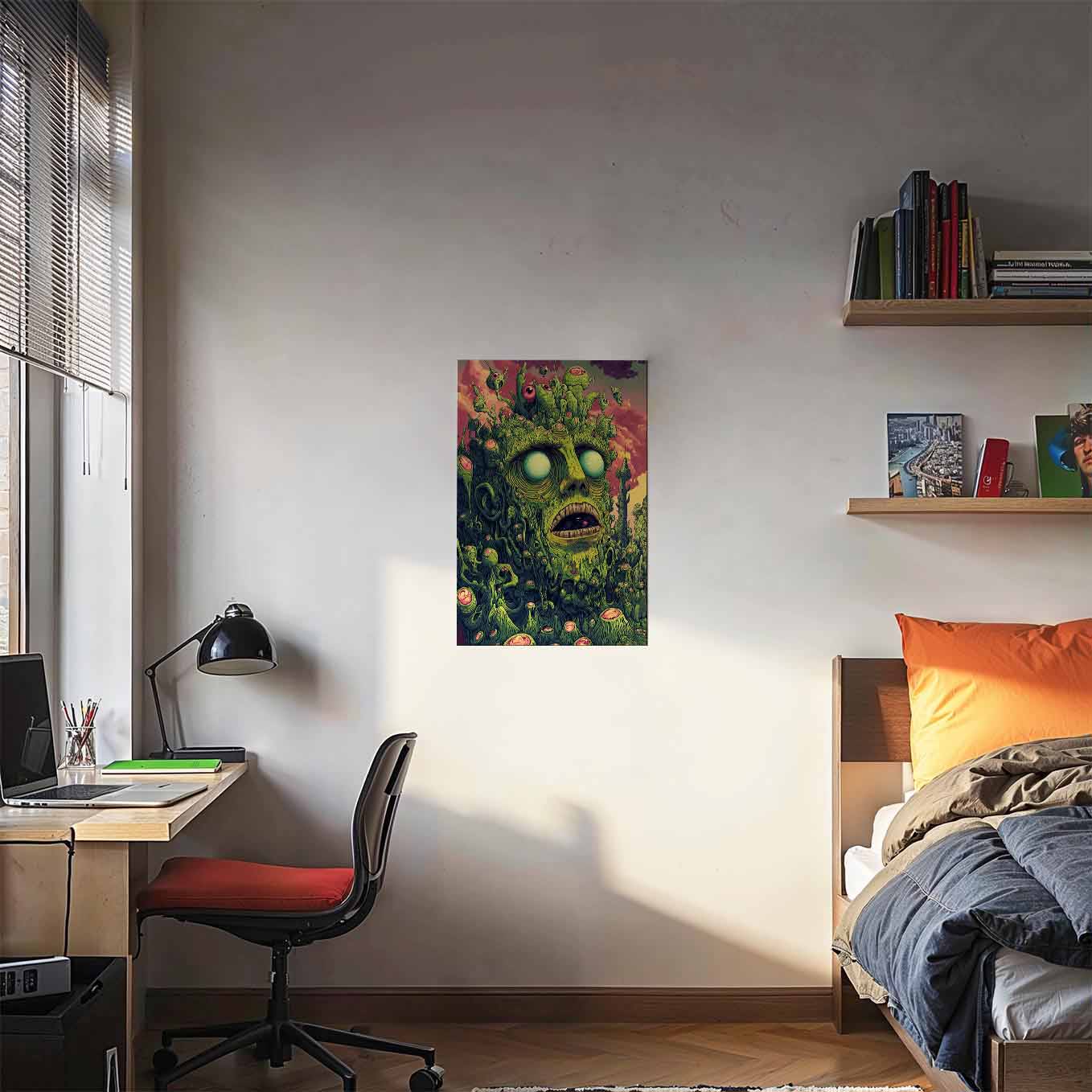 Trippy Horror Green Monster Poster Poster -Psychedelic Creepy Art 370 GSM with Double Side Tape Ready to Stick Wall Decor