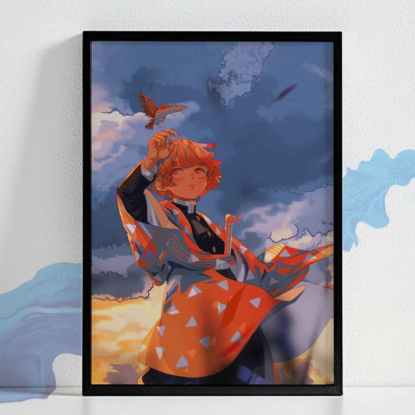 Demon Slayer Zenitsu and Chuntaro sitting on his Finger Poster Art Framed (13x19 Inches, Plexi Glass, Textured Frame)