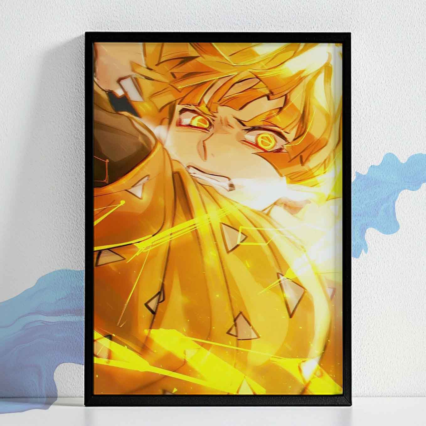 Demon Slayer Zenitsu Agatsuma Fire Art Poster art framed (13x19 Inches, Plexi Glass, Textured Frame)