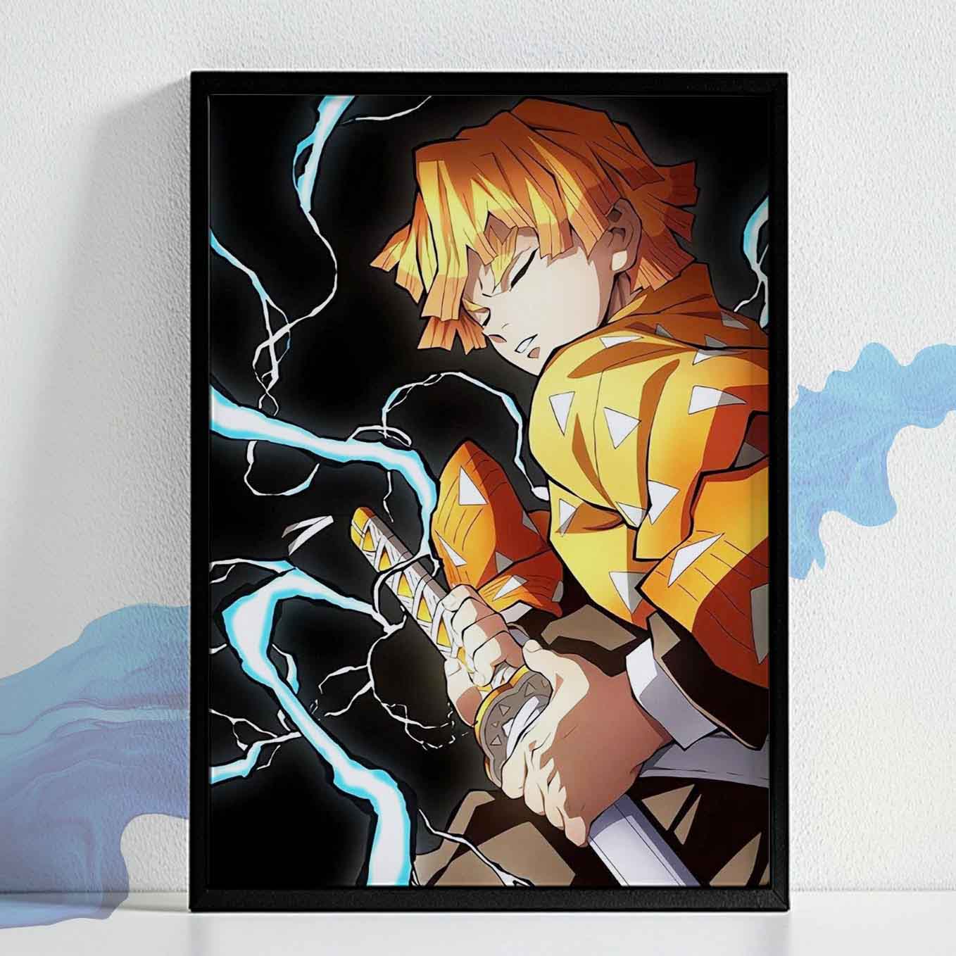 Demon Slayer Zenitsu Pulling Out His Sword Poster art framed (13x19 Inches, Plexi Glass, Textured Frame)