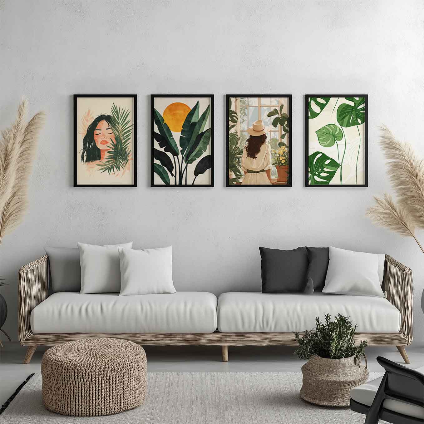 Modern Framed Set of 4 - Portrait Tropical Boho wall art (12x18 inches, black frame, Plexi-glass) - Ready to hang Home Decor for Living Room, Bedroom or Office