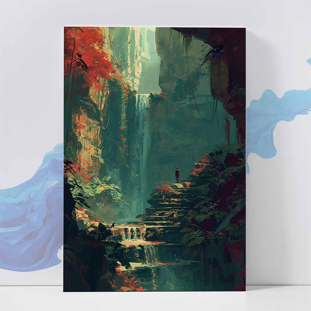 Mysterious Jungle Waterfall Poster -Nature Art 370 GSM with Double Side Tape Ready to Stick Wall Decor