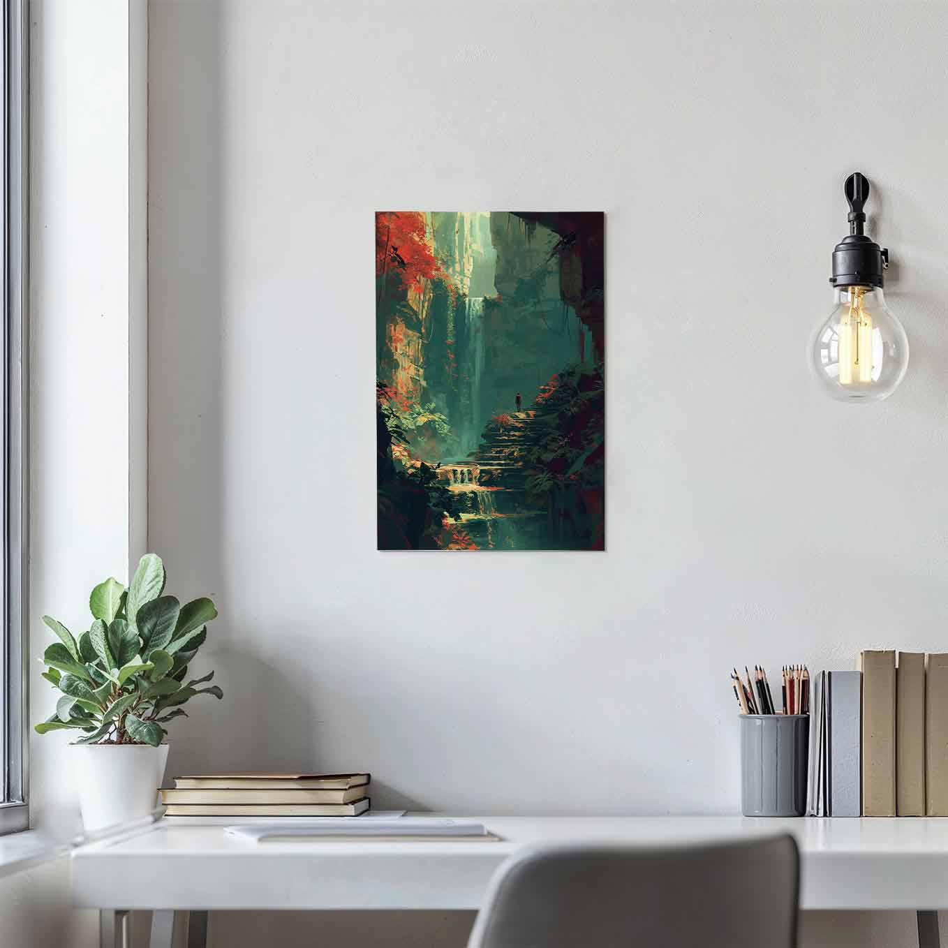 Mysterious Jungle Waterfall Poster -Nature Art 370 GSM with Double Side Tape Ready to Stick Wall Decor