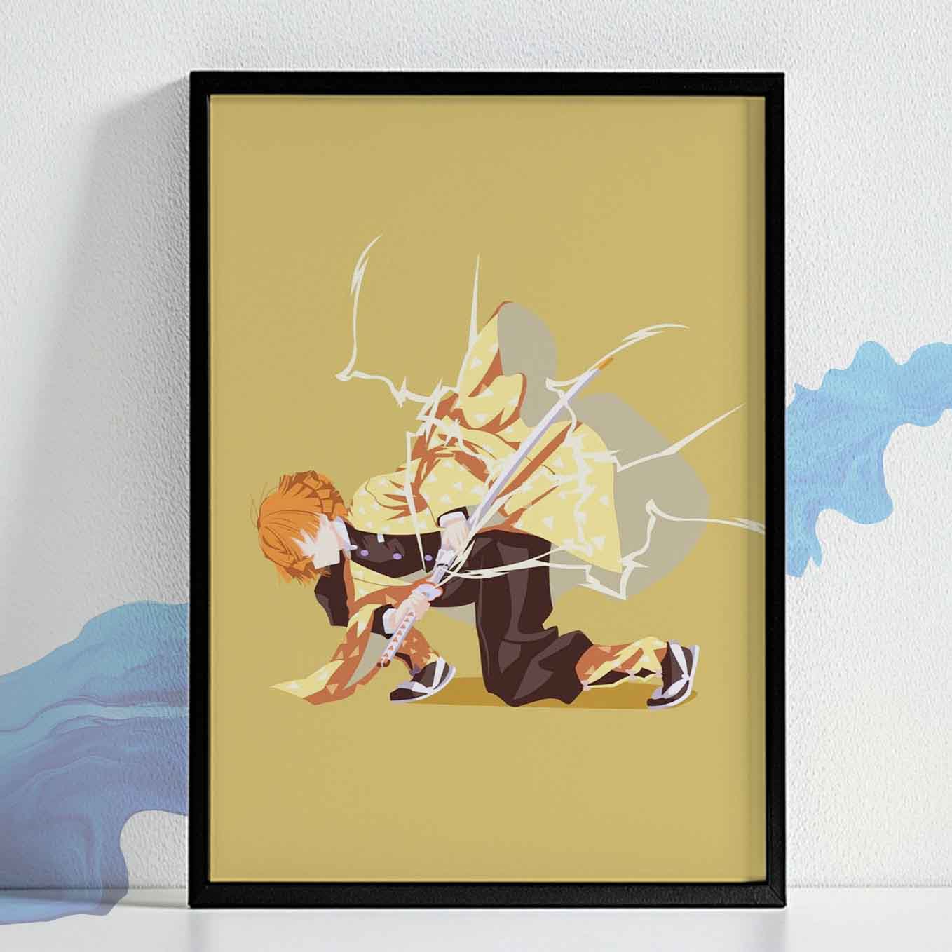 Demon Slayer Zenitsu Stance Poster art framed (13x19 Inches, Plexi Glass, Textured Frame)