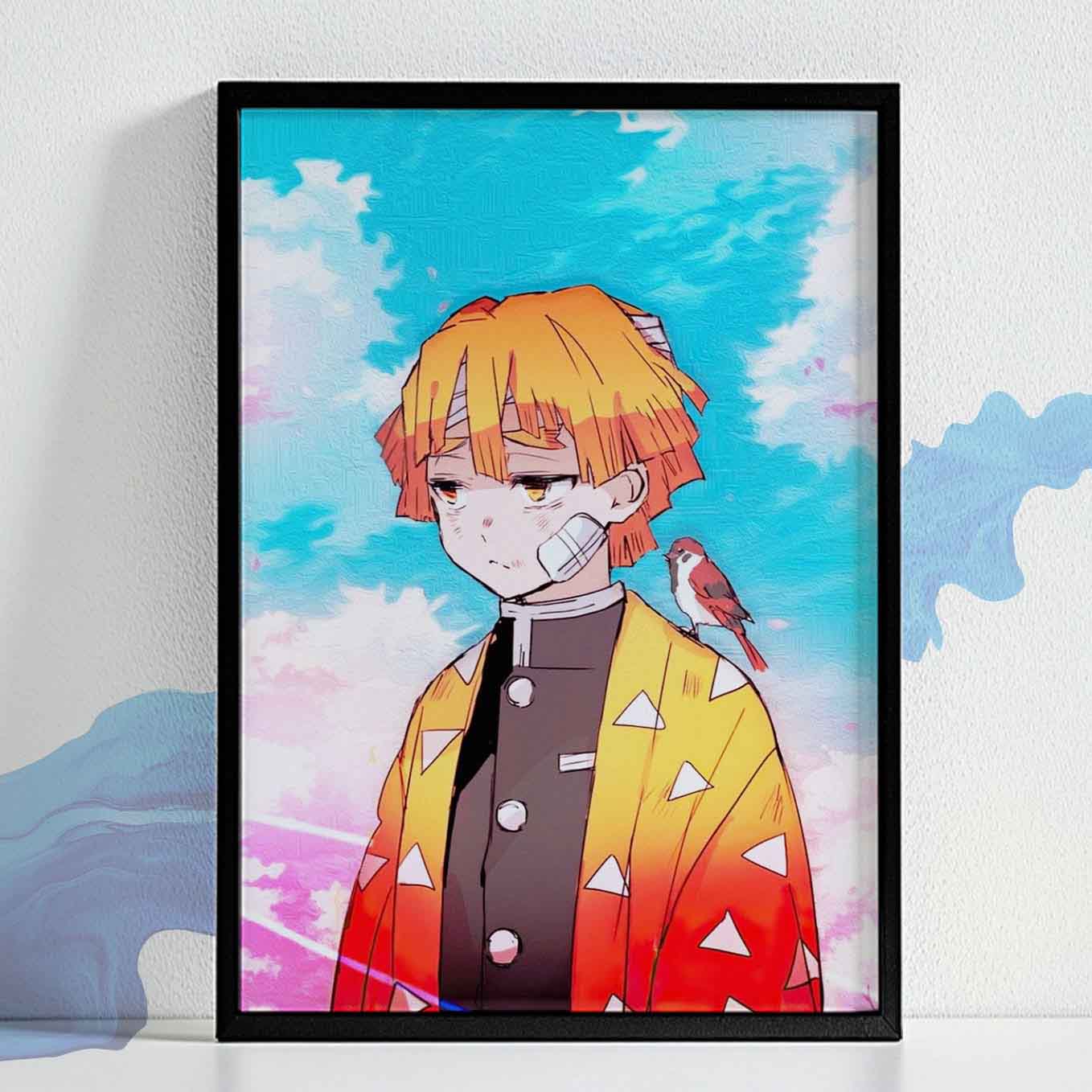 Demon Slayer Zenitsu with Chuntaro Poster art framed (13x19 Inches, Plexi Glass, Textured Frame)
