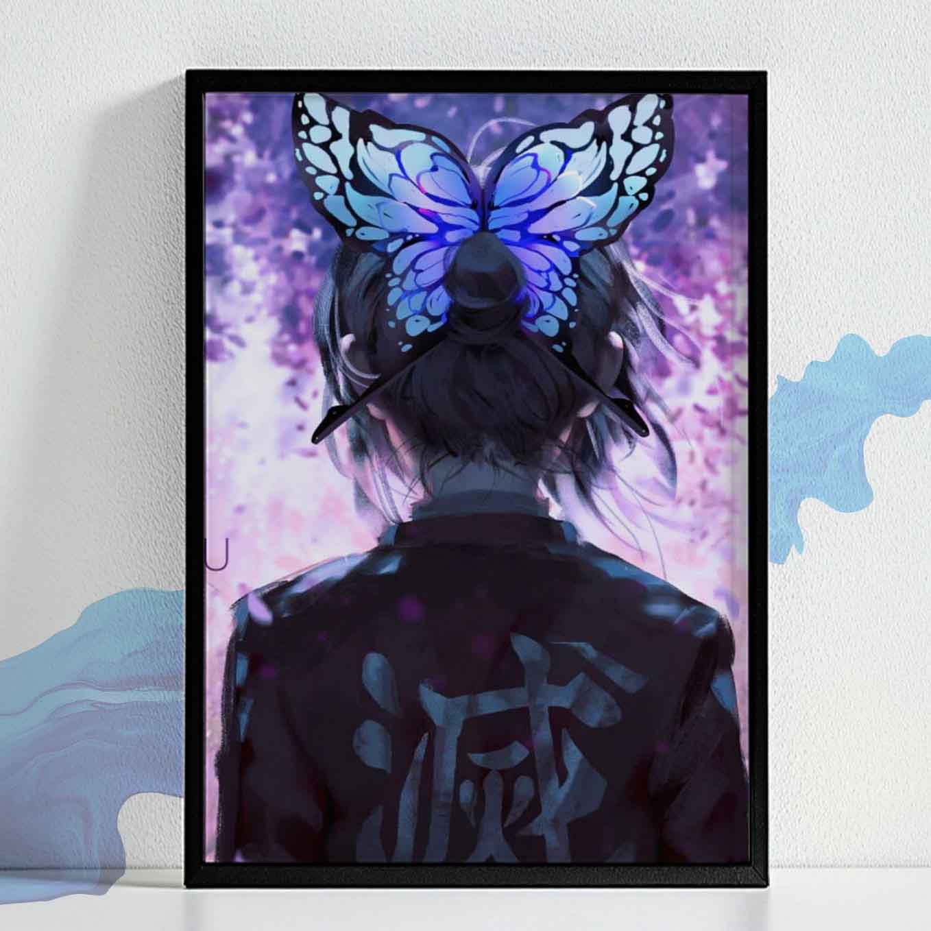 Demon Slayer Shinobu Kocho Butterfly Dance Poster art framed (13x19 Inches, Plexi Glass, Textured Frame)