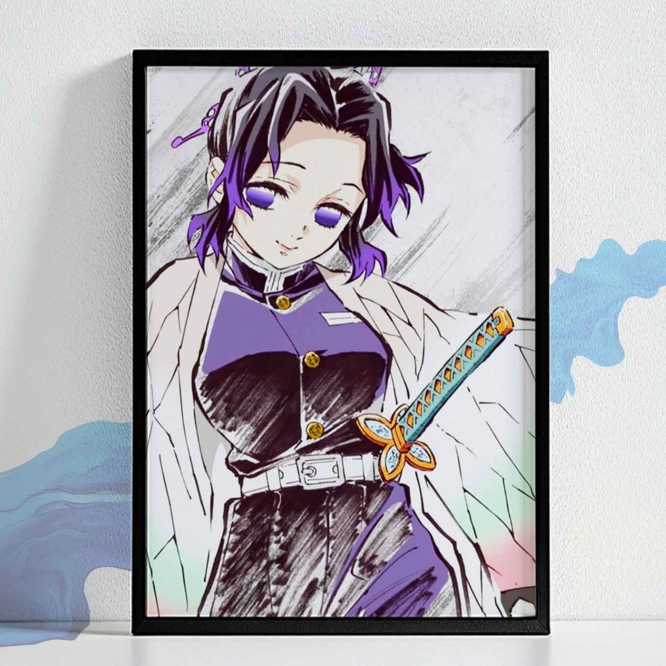 Demon Slayer Shinobu Kocho Watercolor Print Poster art framed (13x19 Inches, Plexi Glass, Textured Frame)