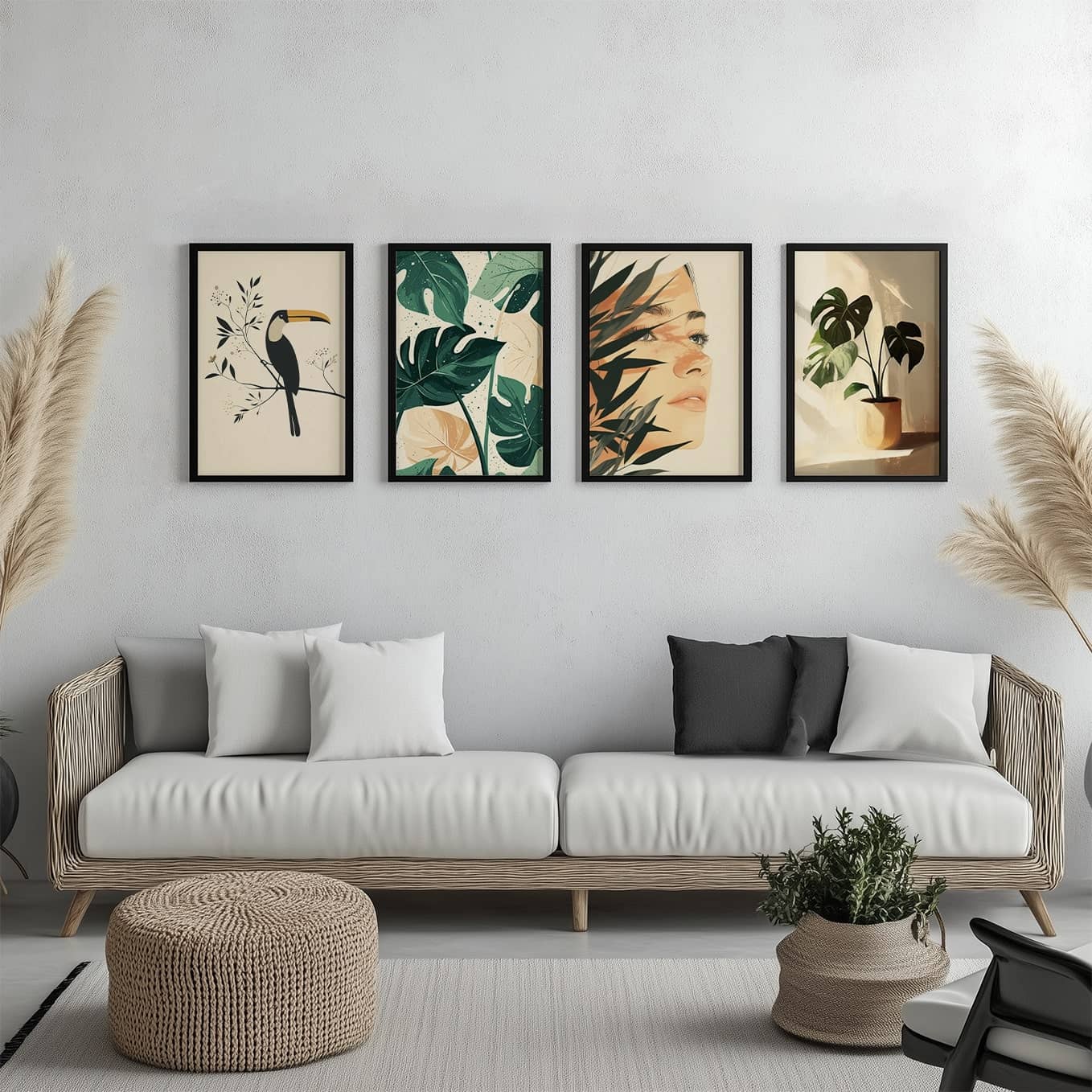 Modern Framed Set of 4 - Portrait Botanical wall art (12x18 inches, black frame, Plexi-glass) - Ready to hang Home Decor for Living Room, Bedroom or Office