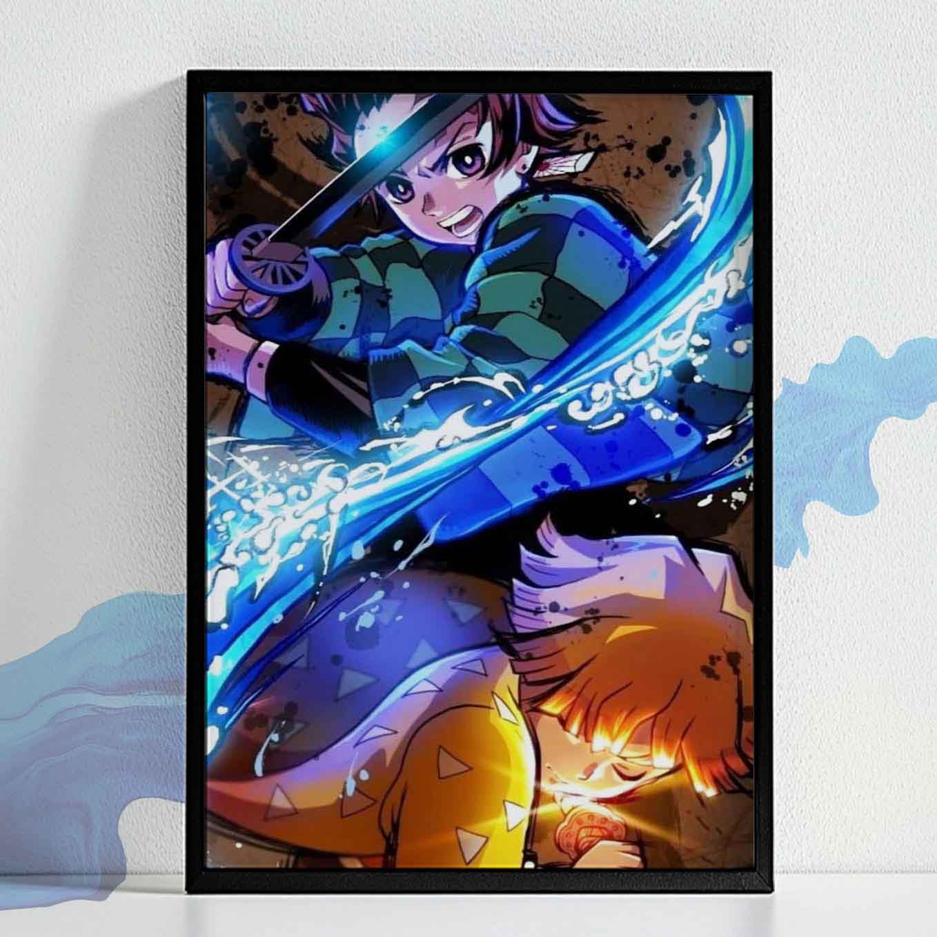 Demon Slayer Tanjiro Zenitsu Breathing Poster Art Framed (13x19 Inches, Plexi Glass, Textured Frame)