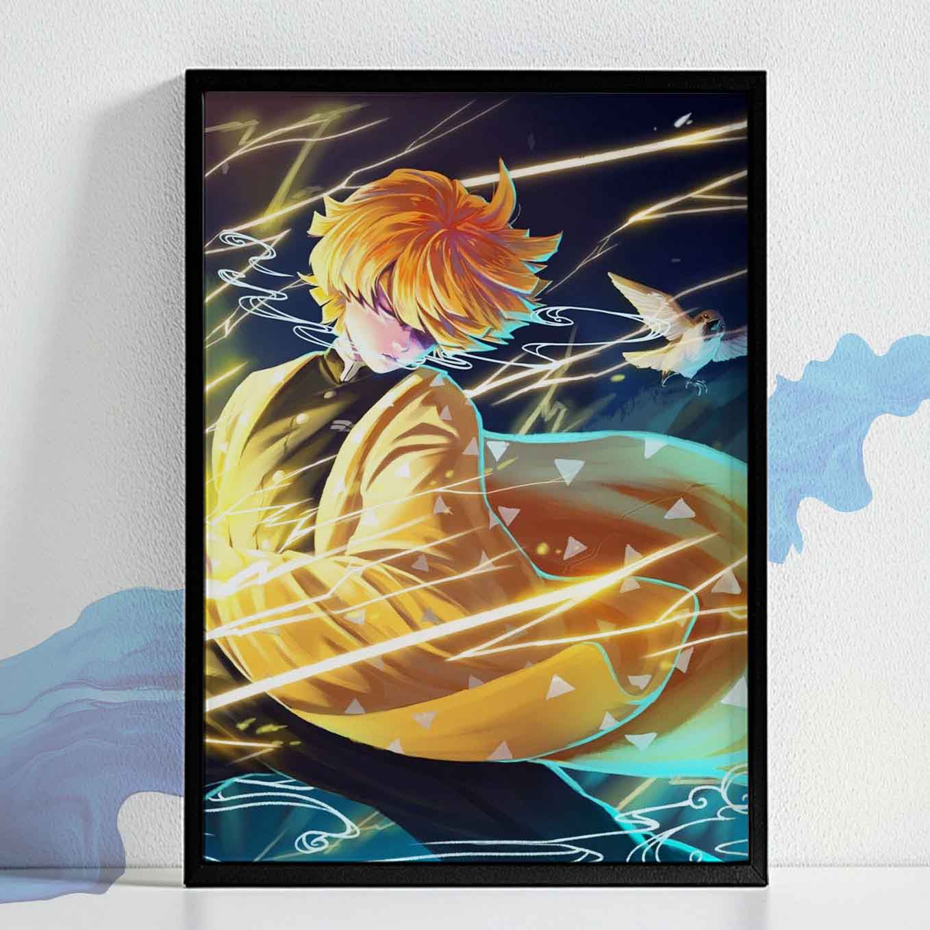 Demon Slayer Zenitsu Calm Poster art framed (13x19 Inches, Plexi glasss, Textured Frame)