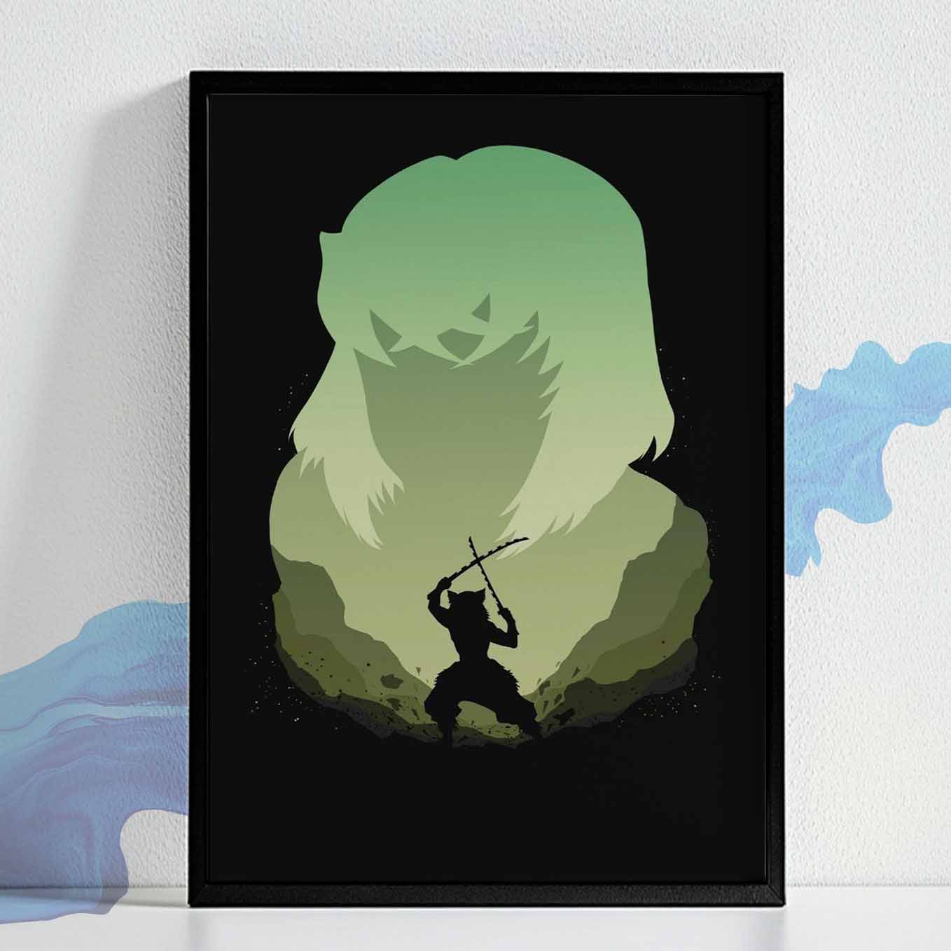 Demon Slayer Inosuke Silhouette Poster art framed (13x19 Inches, Plexi Glass, Textured Frame)