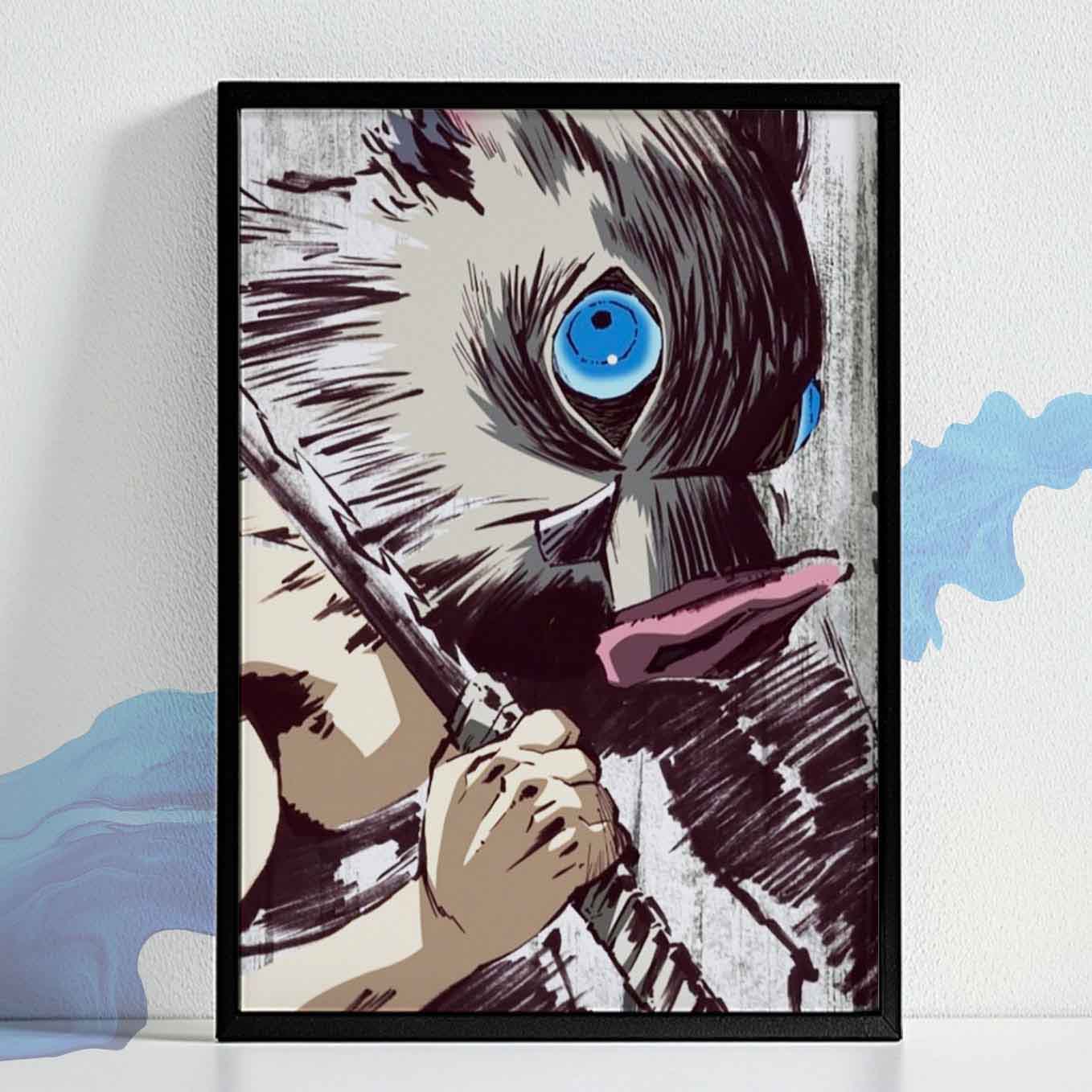 Demon Slayer Inosuke With Swords Poster Color Print Poster art framed (13x19 Inches, Plexi Glass, Textured Frame)
