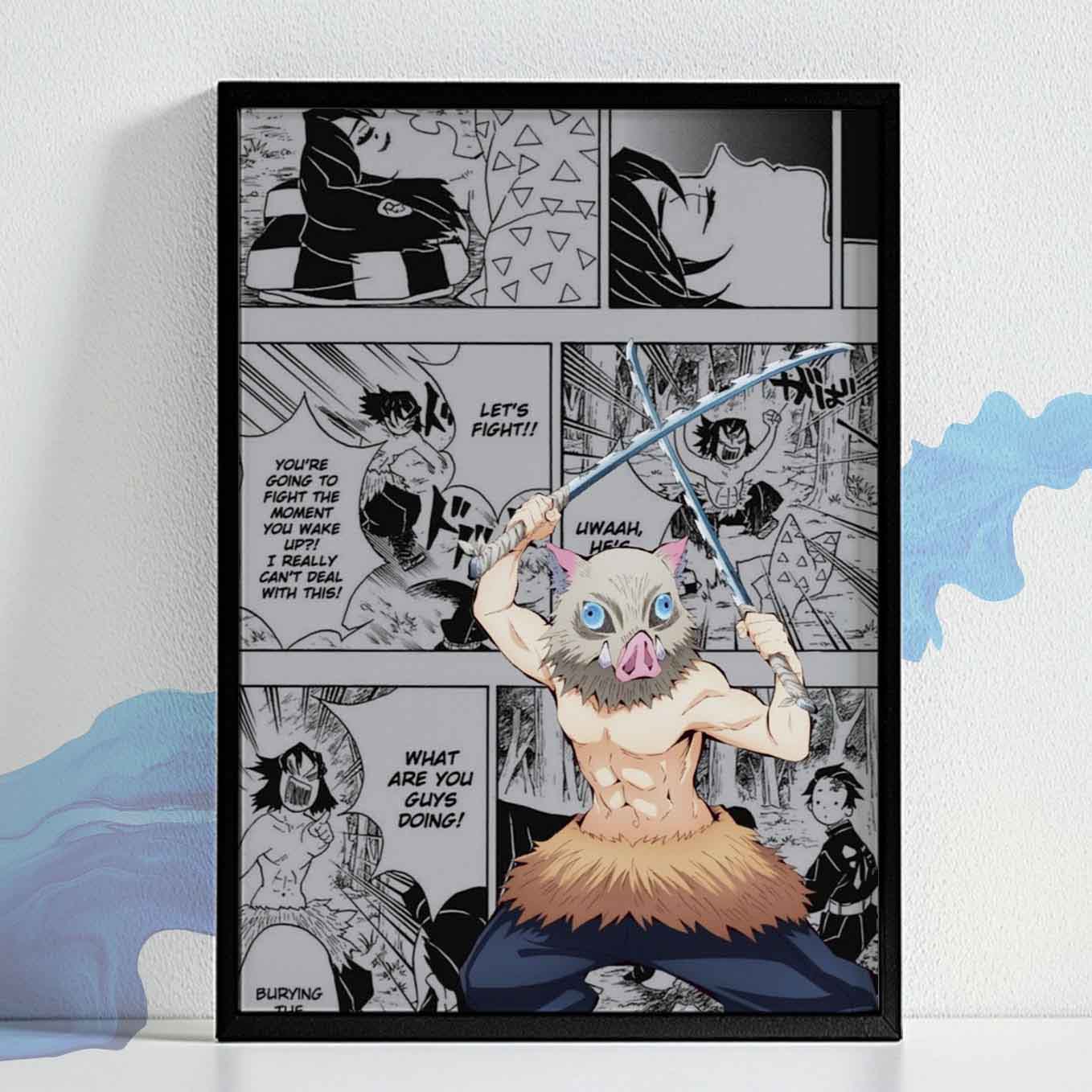 Demon Slayer Inosuke Stance Poster art framed (13x19 Inches, Plexi Glass, Textured Frame)