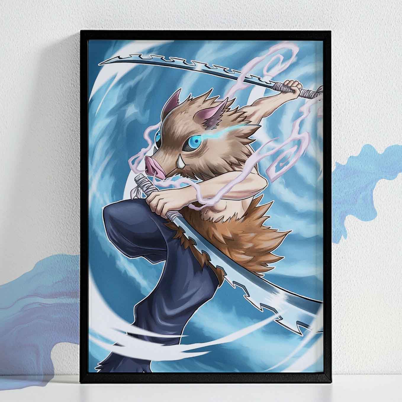 Demon Slayer Inosuke Animal Form Art Style Poster framed (13x19-Inches, Plexi Glass, Textured Frame)