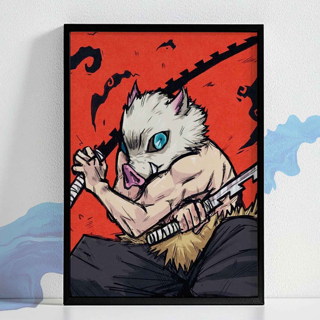 Demon Slayer Inosuke Beast Breathing Poster framed (13x19 Inches, Plexi Glass, Textured Frame)