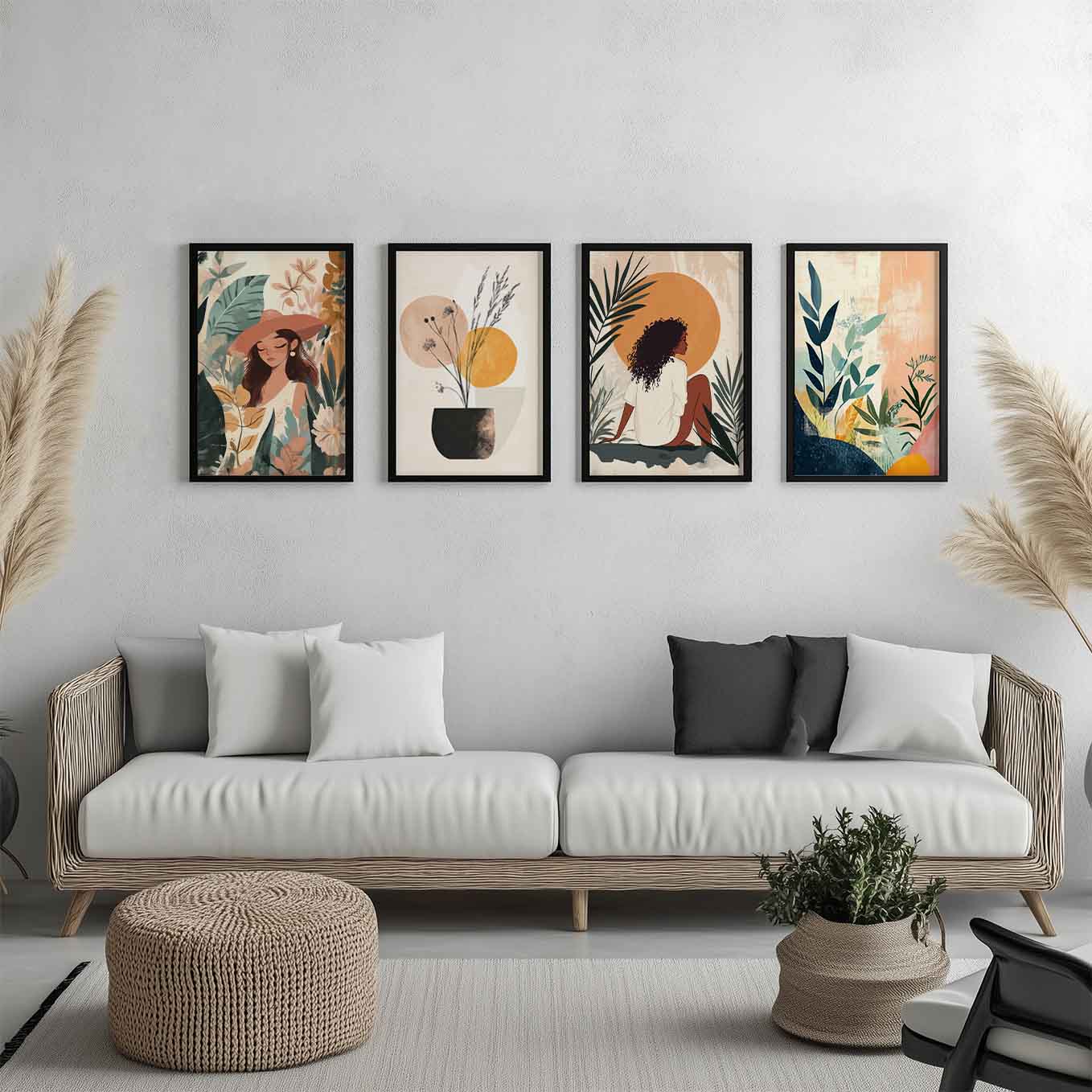 Modern Framed Set of 4 - Portrait Bohemian wall art (12x18 inches, black frame, Plexi-glass) - Ready to hang Home Decor for Living Room, Bedroom or Office