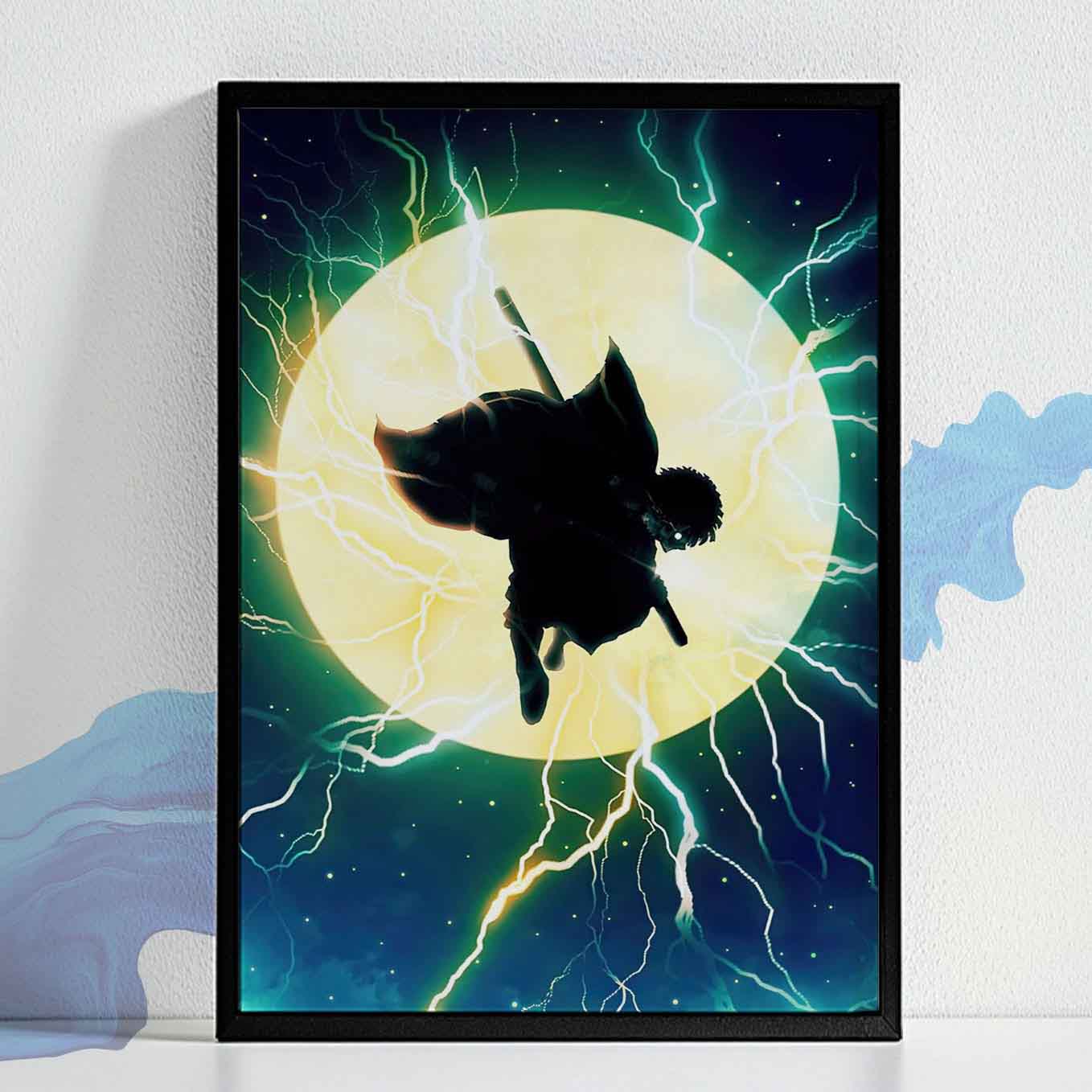 Demon Slayer Zenitsu Thunder Breathing Poster art framed (13x19 Inches, Plexi Glass, Textured Frame)