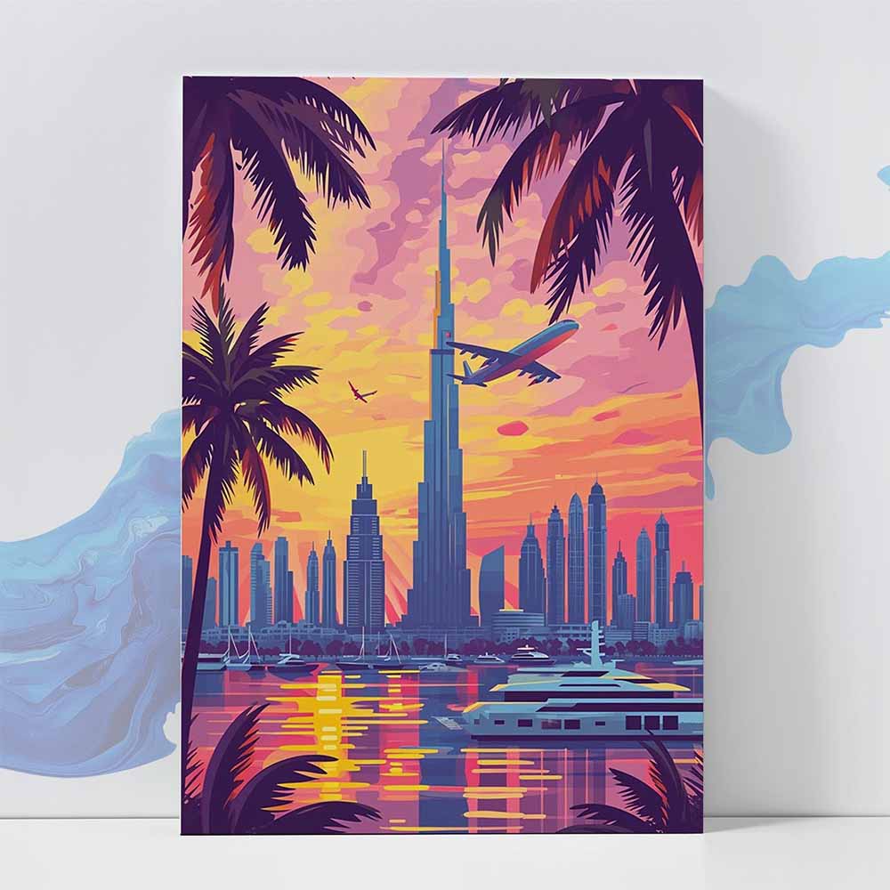Dubai Skyline Sunset Poster - Cityscape 370 GSM with Double Side Tape Ready to Stick Wall Decor