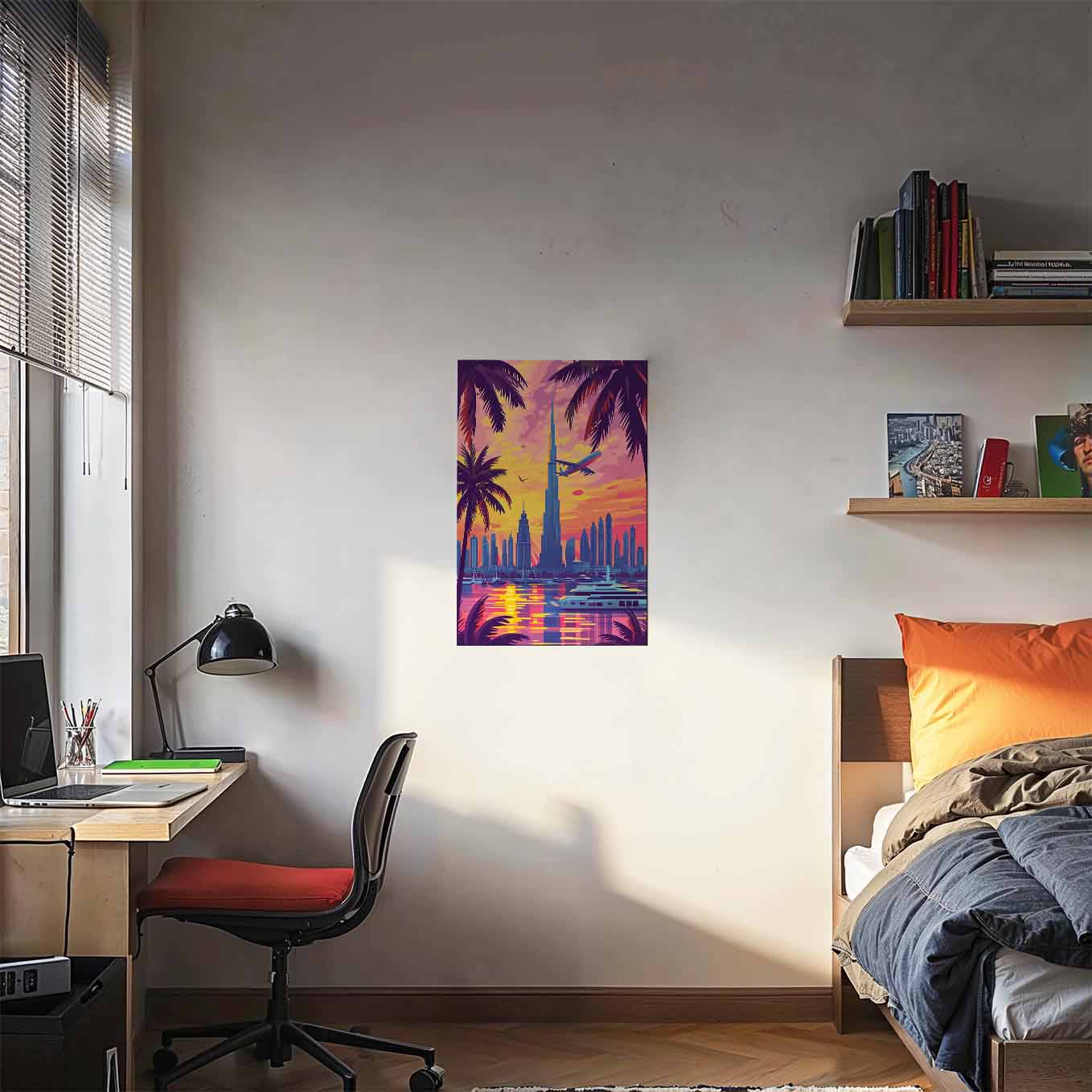 Dubai Skyline Sunset Poster - Cityscape 370 GSM with Double Side Tape Ready to Stick Wall Decor