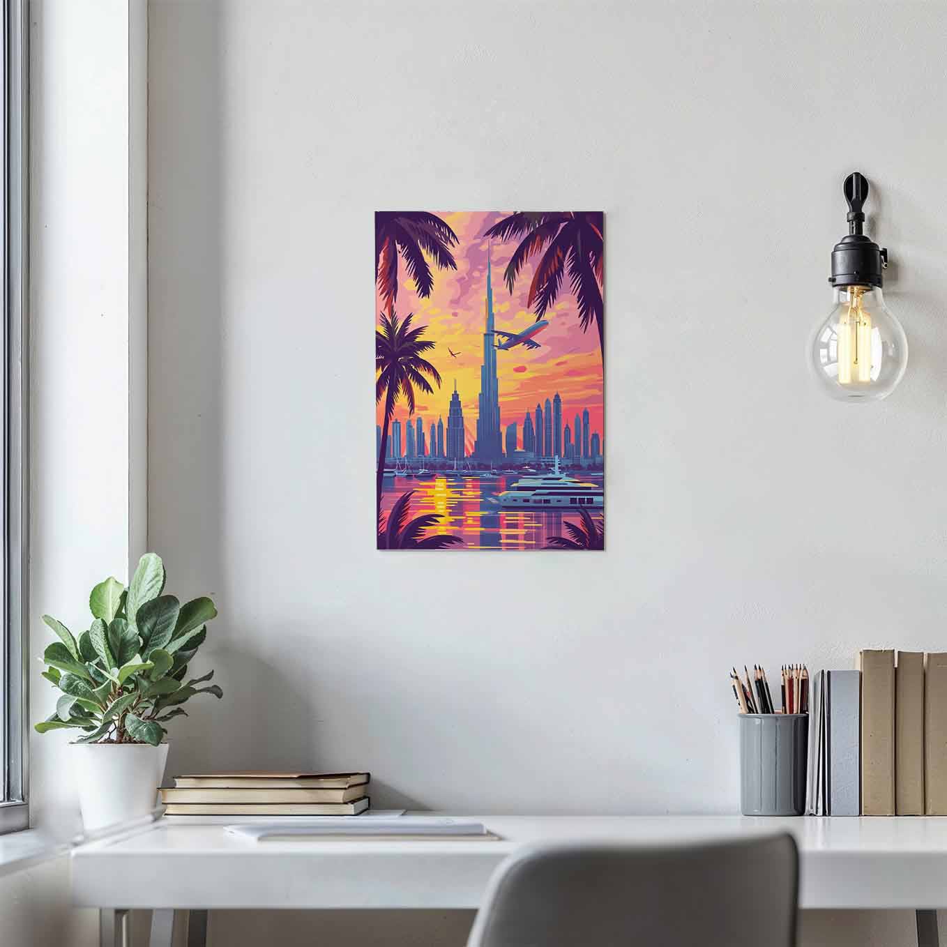 Dubai Skyline Sunset Poster - Cityscape 370 GSM with Double Side Tape Ready to Stick Wall Decor