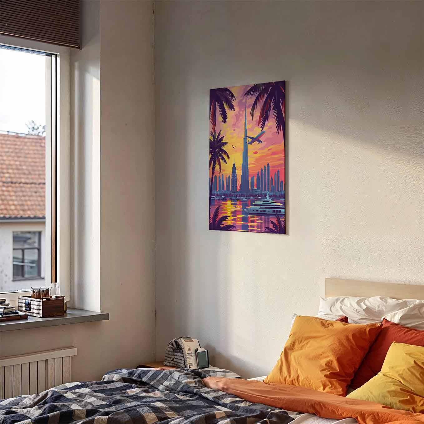 Dubai Skyline Sunset Poster - Cityscape 370 GSM with Double Side Tape Ready to Stick Wall Decor