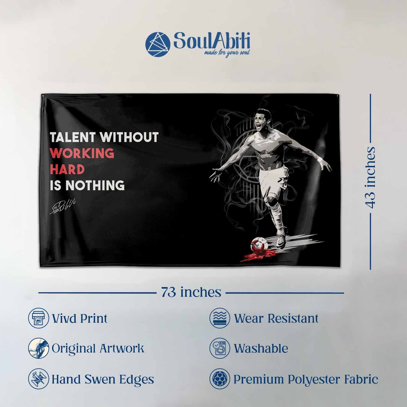 Motivational Cristiano Ronaldo CR7 Soccer Tapestry - 73x43 Inches Inspirational Wall Hanging, Premium Polyester Fabric, Vivid Print, Machine Washable, Durable and Lightweight for Gym, Office, or Home Décor