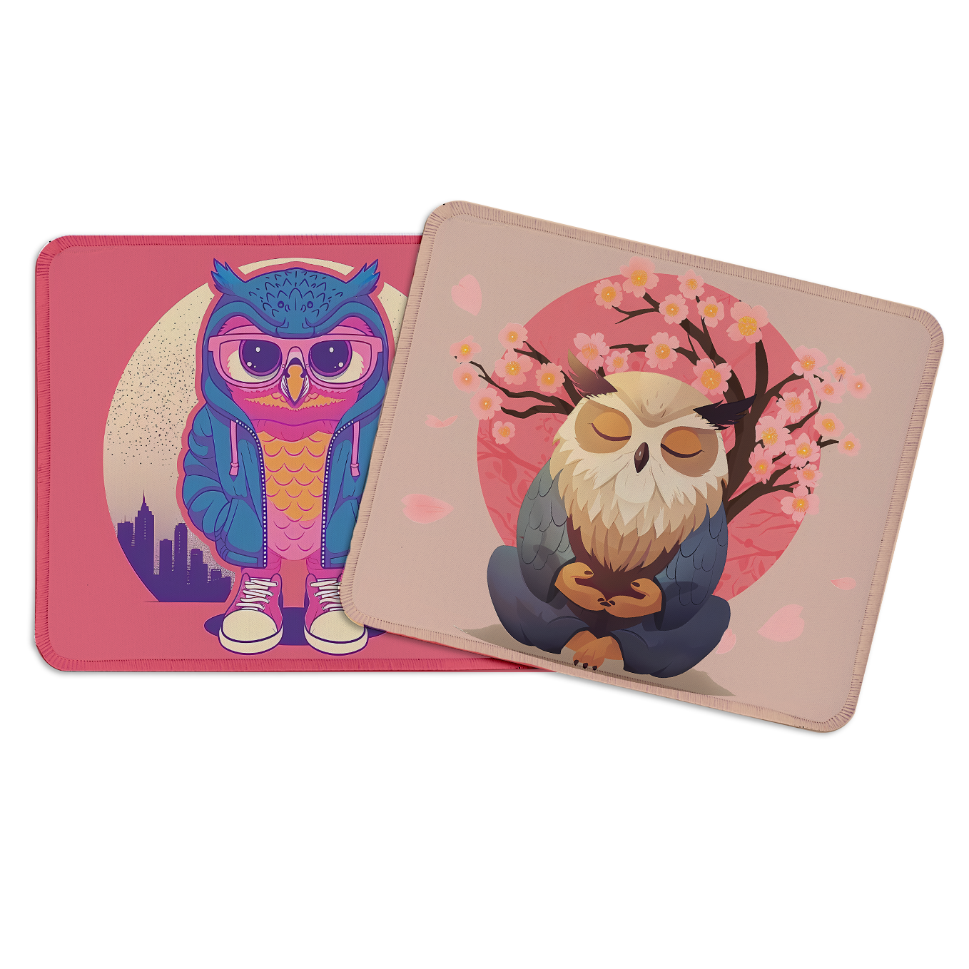 Cute Owls – Set of 2 Stitched Anime Theme Gaming Mouse Pads with Anti-Slip Rubber Base and Waterproof Surface