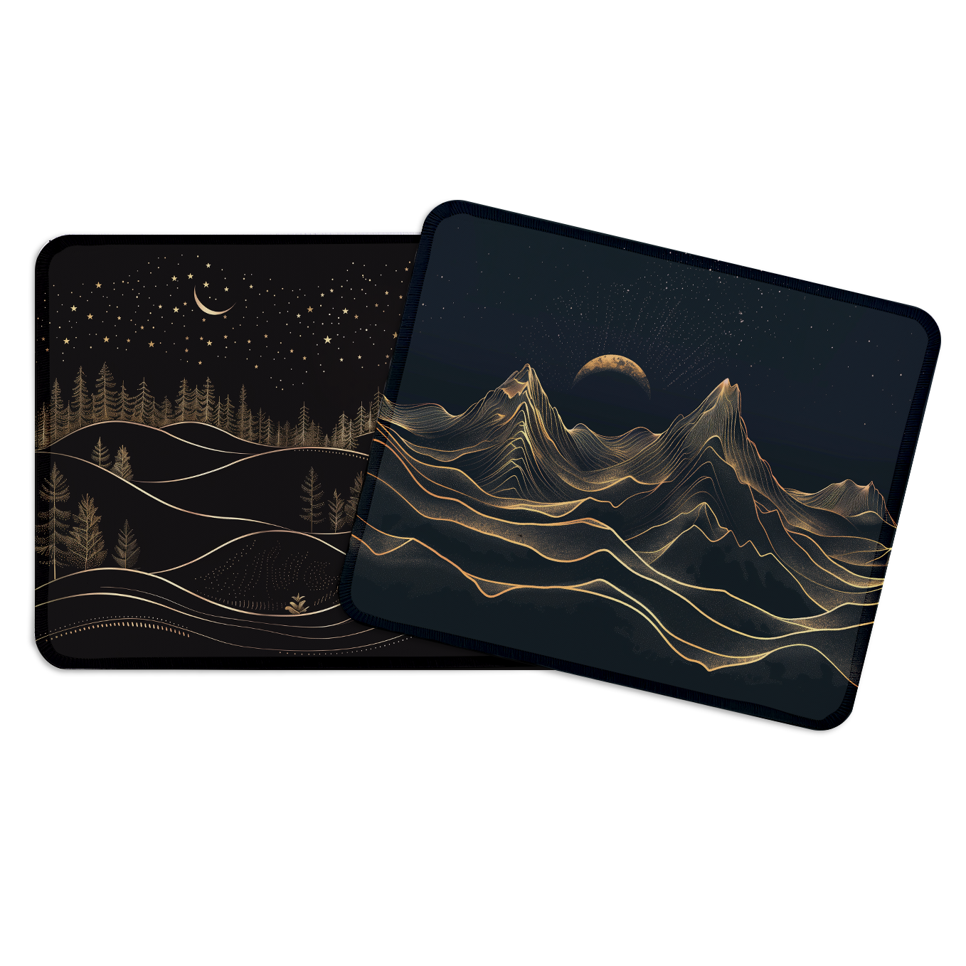 Night Sky and Mountain Line Art – Set of 2 Stitched Gaming Mouse Pads with Anti-Slip Rubber Base and Waterproof Surface