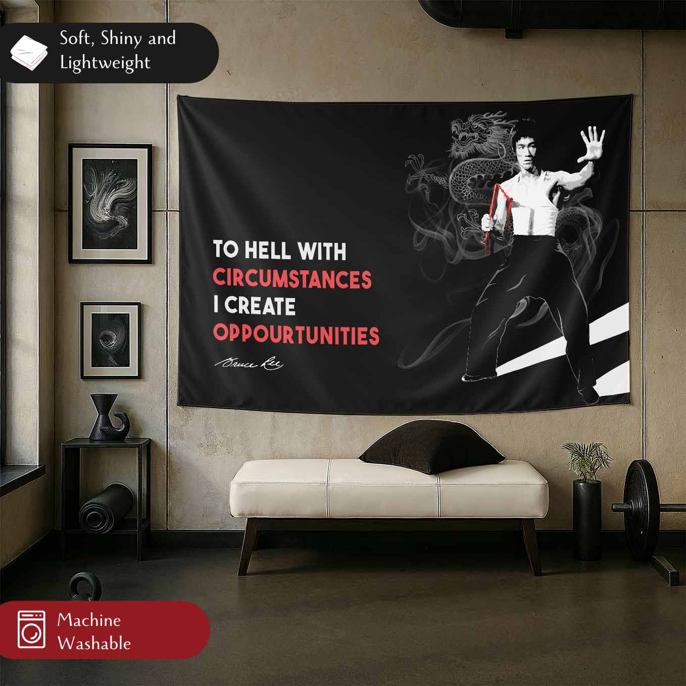 Bruce Lee Motivational Tapestry - 73x43 Inches Inspirational Wall Hanging, Premium Polyester Fabric, Vivid Print, Machine Washable, Durable and Lightweight for Gym, Office, or Home Décor