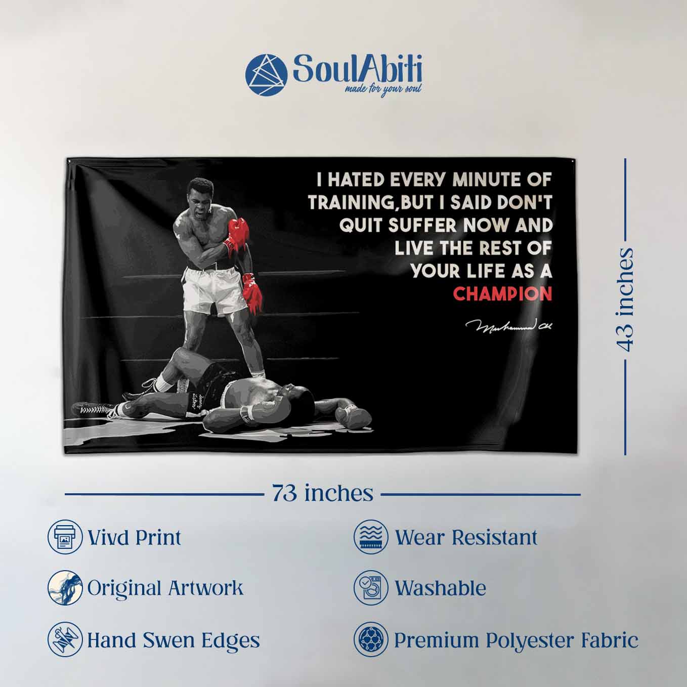 Muhammad Ali Motivational Tapestry - 73x43 Inches Inspirational Wall Hanging, Premium Polyester Fabric, Vivid Print, Machine Washable, Durable and Lightweight for Gym, Office, or Home Décor