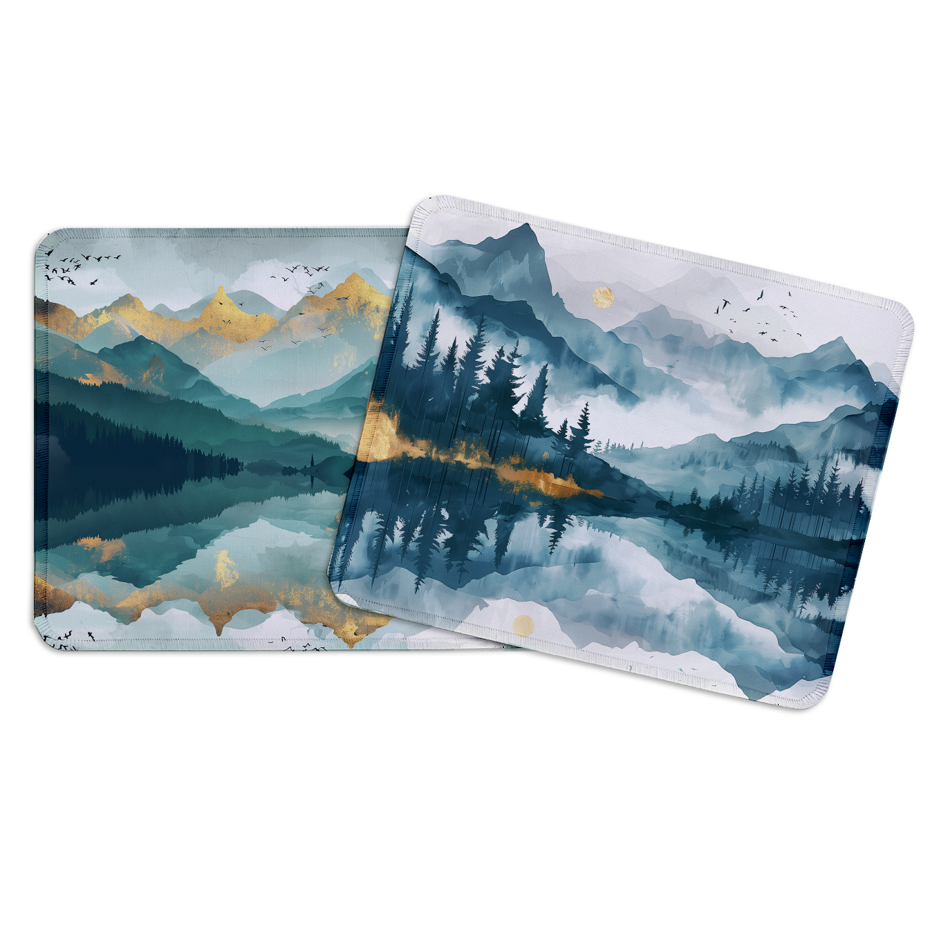 Mystic Mountain Watercolor Art – Set of 2 Stitched Gaming Mouse Pads with Anti-Slip Rubber Base and Waterproof Surface