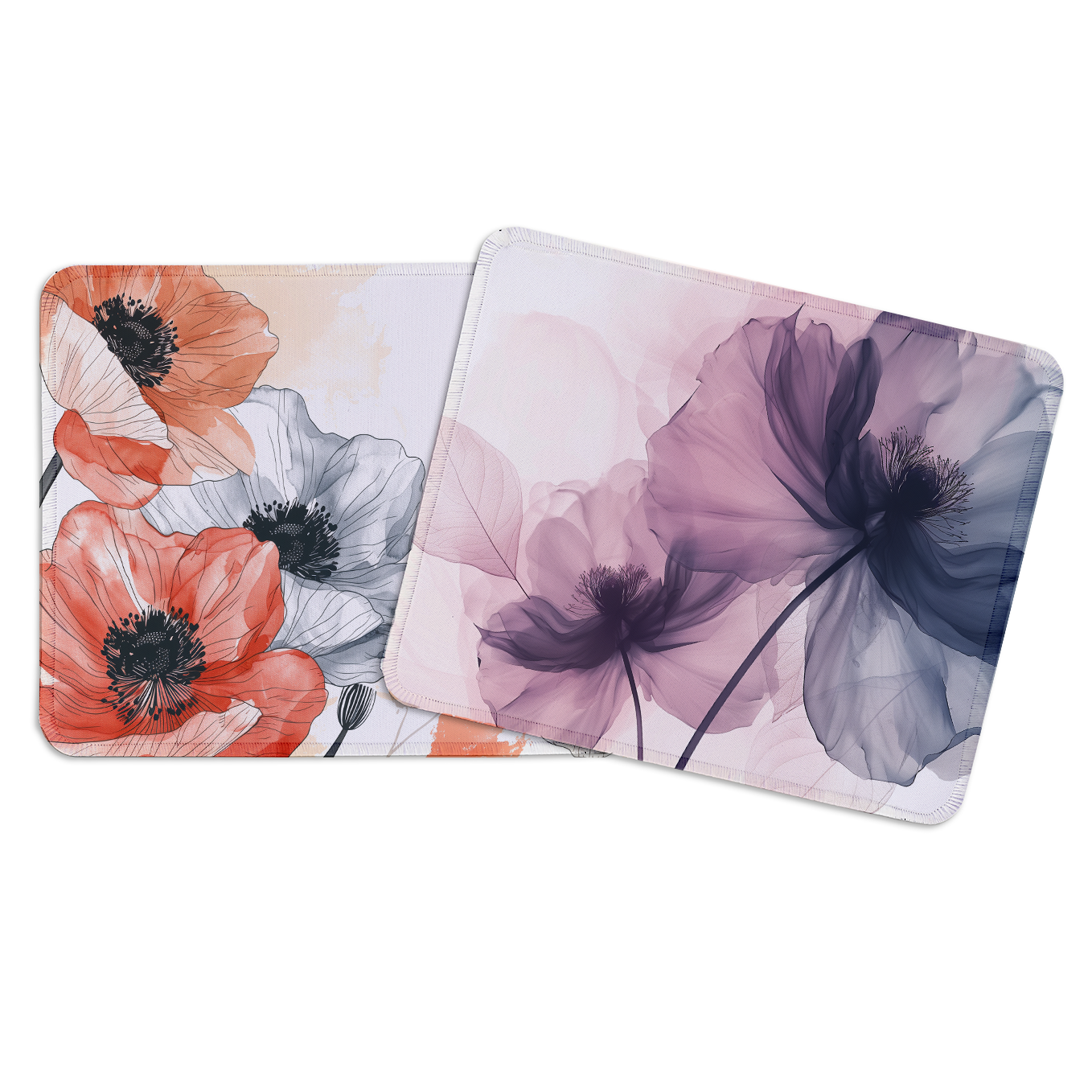 Red and Violet Poppy Flowers – Set of 2 Stitched Gaming Mouse Pads with Anti-Slip Rubber Base and Waterproof Surface