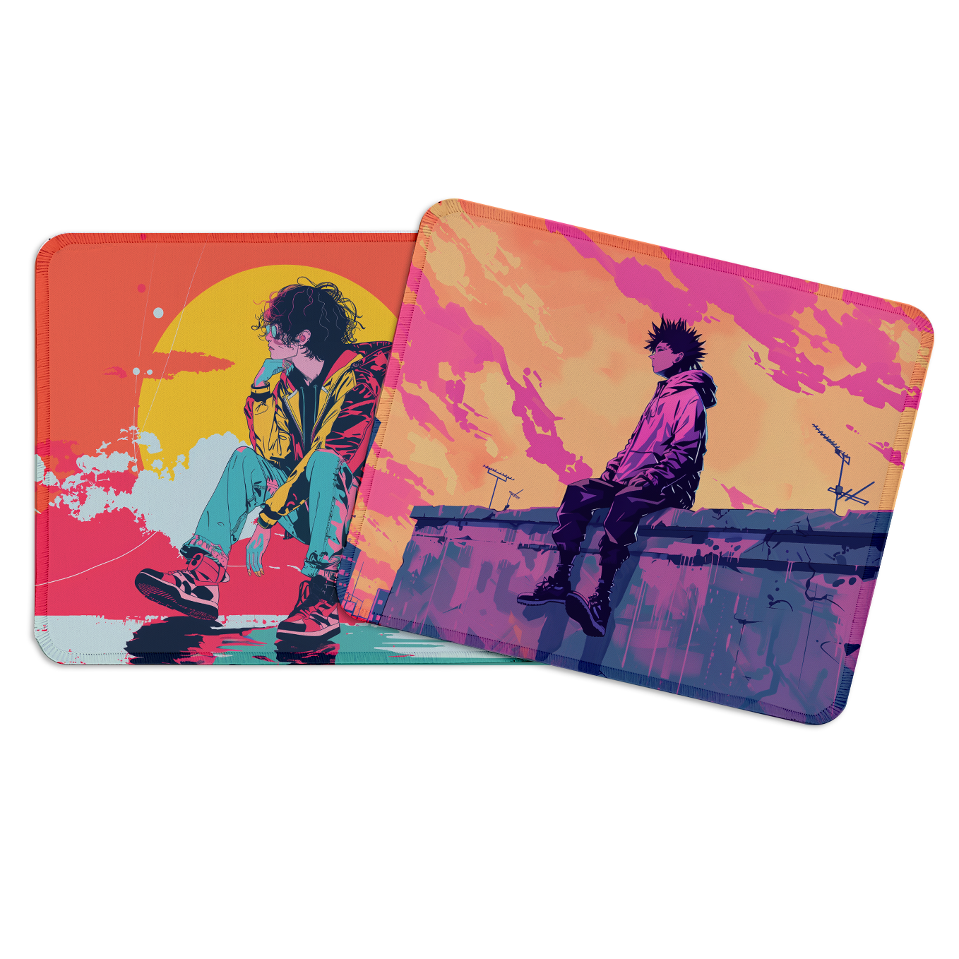 Skyline Dreams – Set of 2 Stitched Anime Theme Gaming Mouse Pads with Anti-Slip Rubber Base and Waterproof Surface