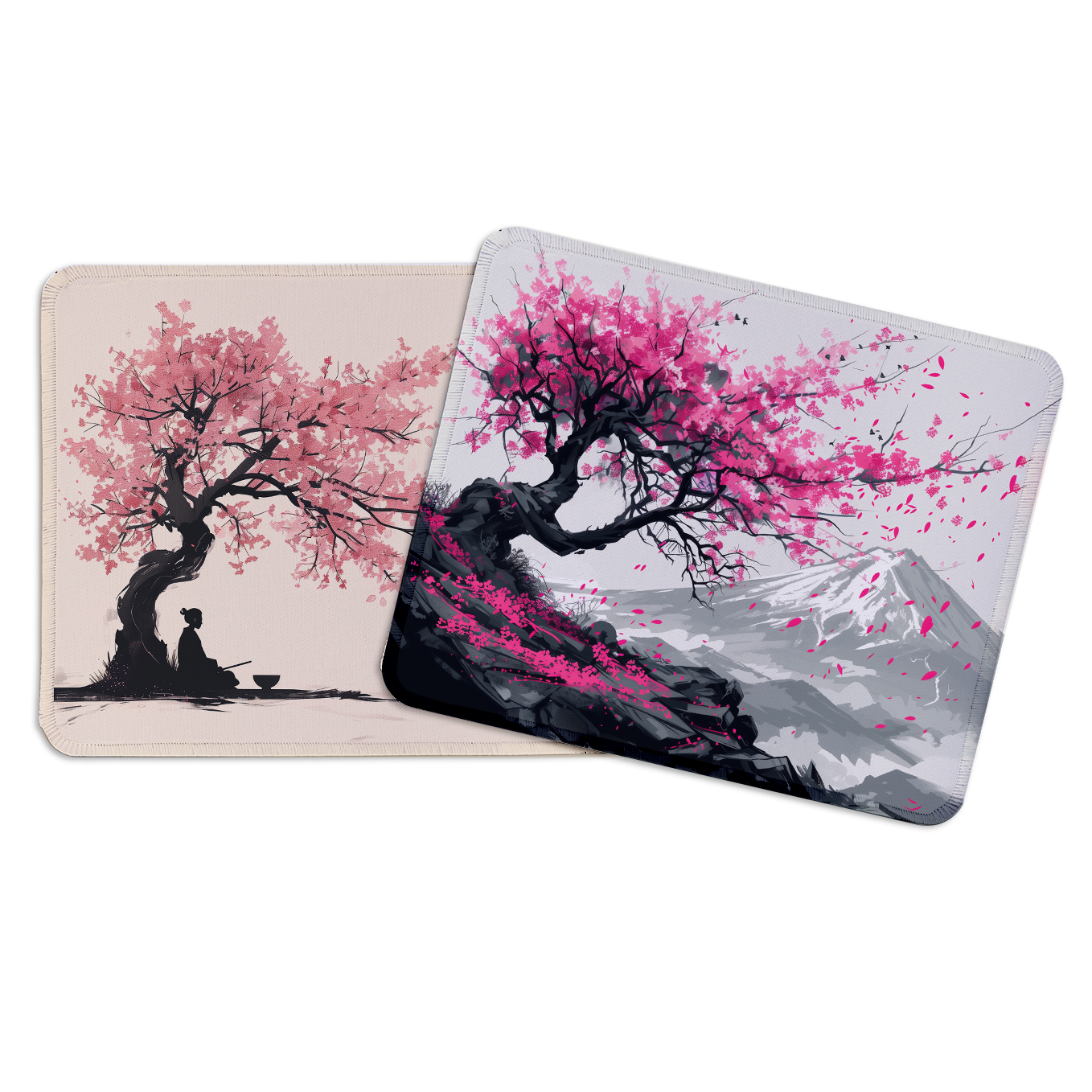 Zen Sakura Cherry Blossom Art – Set of 2 Stitched Gaming Mouse Pads with Anti-Slip Rubber Base and Waterproof Surface