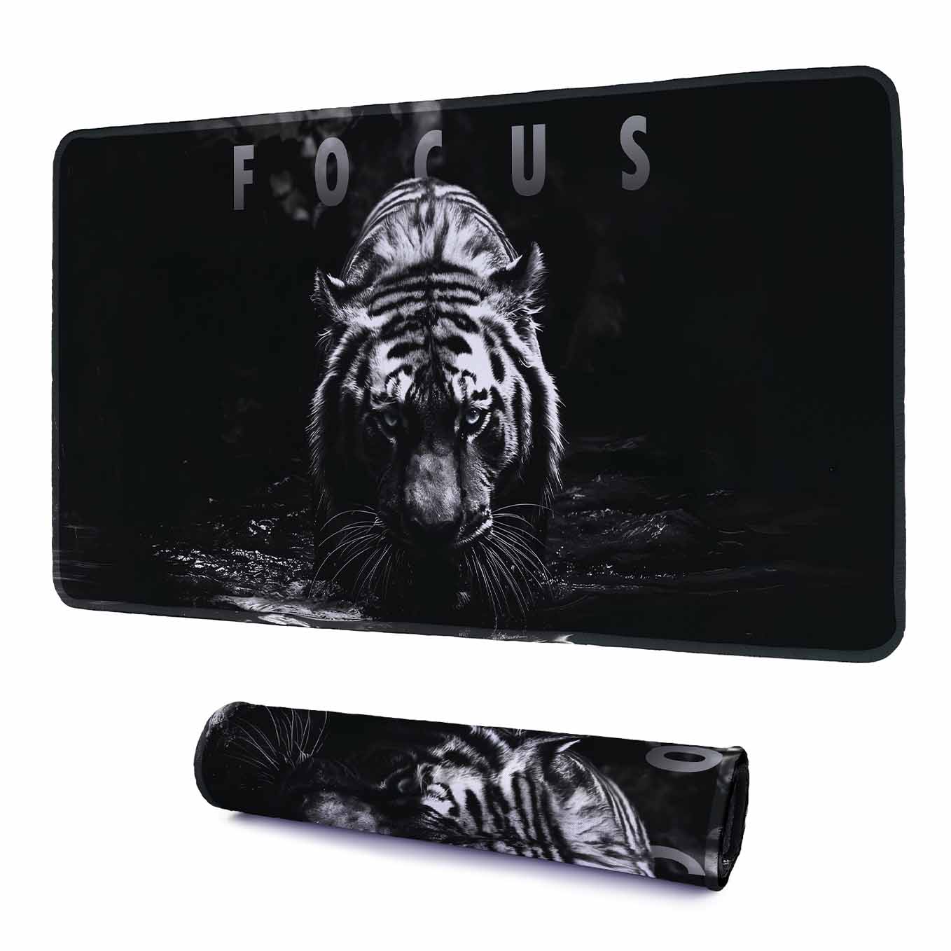 Focus Motivational Tiger Deskpad 23x11 Inches – Bold Black Animal Art for Office and Gaming Setup