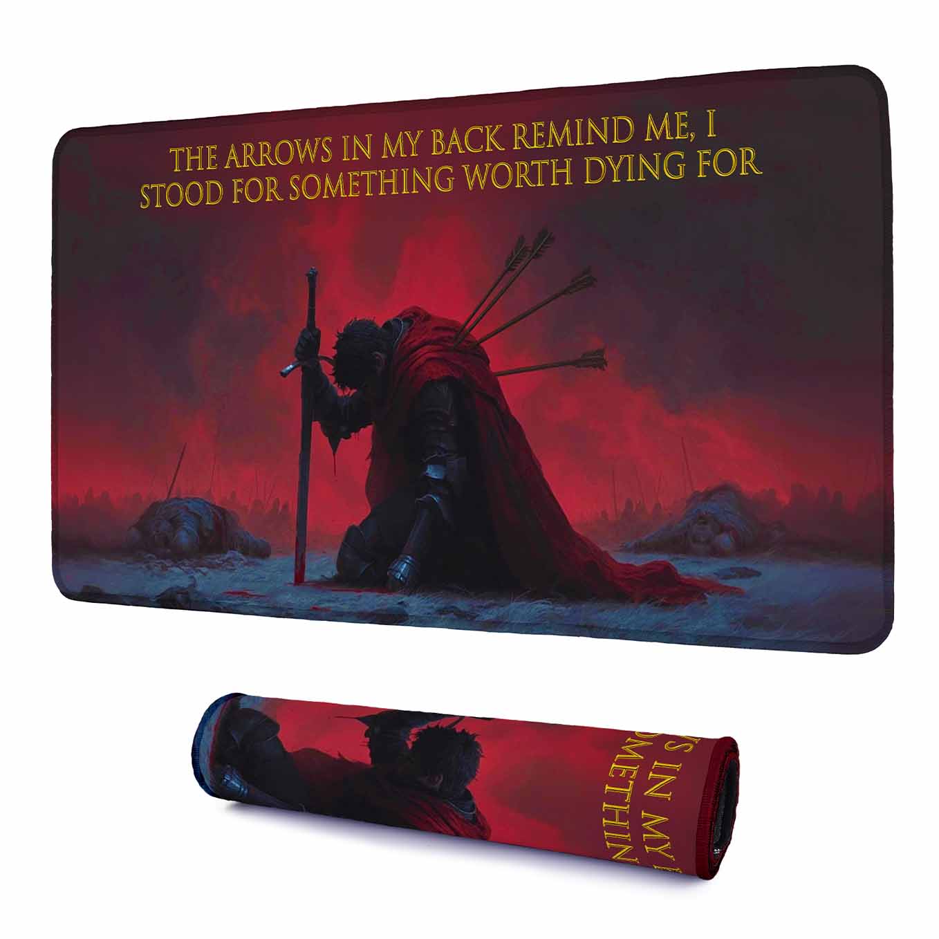 Arrows in My Back Deskpad 23x11 Inches – Red Warrior Kneel Quote for Sacrifice & Grit Office and Gaming Setup