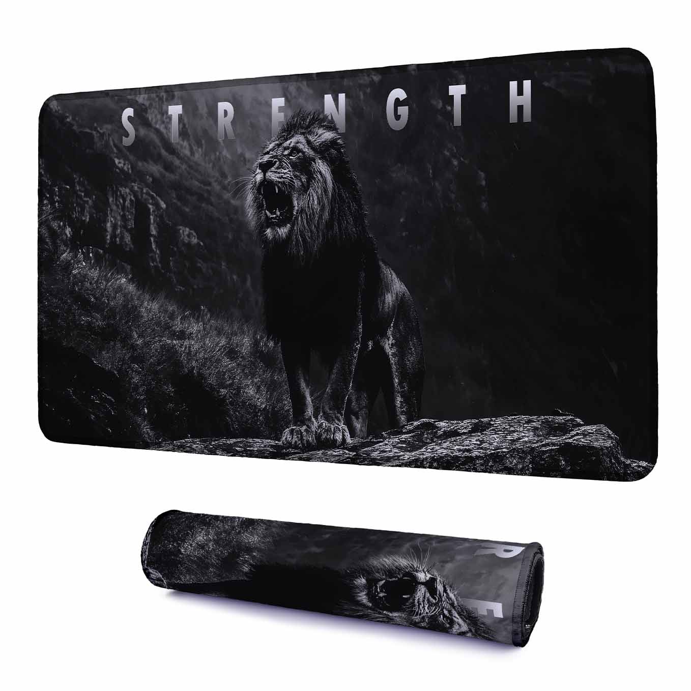 Strength Motivational Lion Deskpad 23x11 Inches – Bold Black Animal Art for Office and Gaming Setup