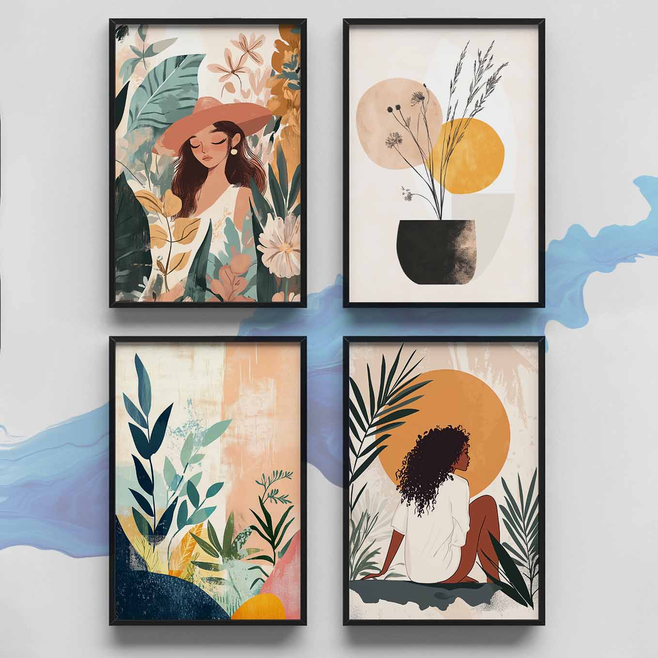 Modern Framed Set of 4 - Portrait Bohemian wall art (12x18 inches, black frame, Plexi-glass) - Ready to hang Home Decor for Living Room, Bedroom or Office