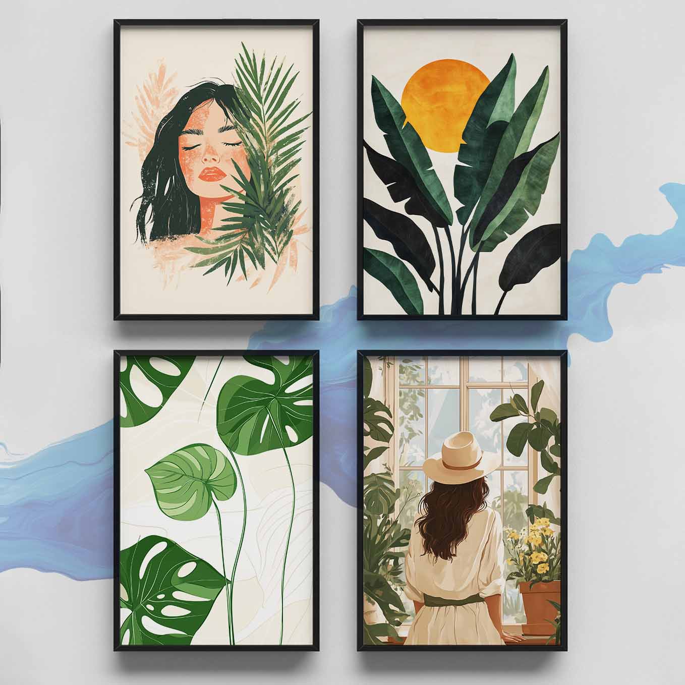 Modern Framed Set of 4 - Portrait Tropical Boho wall art (12x18 inches, black frame, Plexi-glass) - Ready to hang Home Decor for Living Room, Bedroom or Office