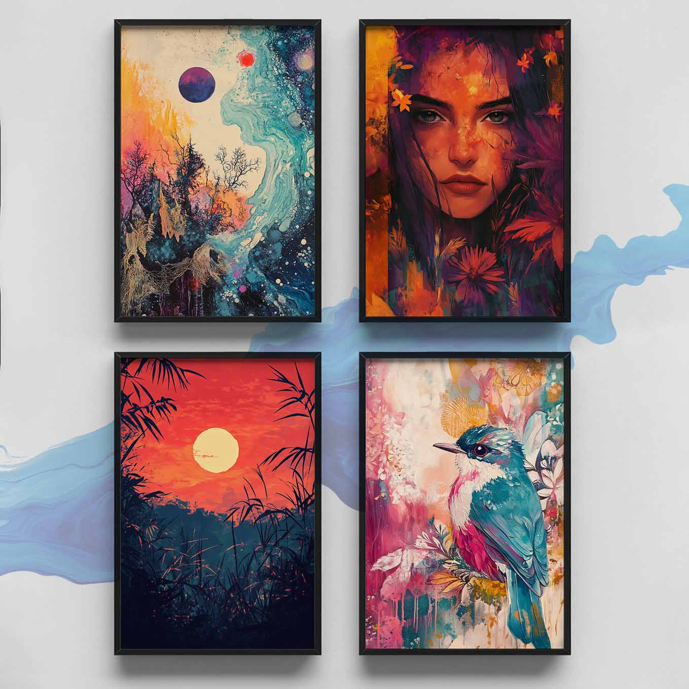 Modern Framed Set of 4 - Portrait Cosmic Fusion wall art (12x18 inches, black frame, Plexi-glass) - Ready to hang Home Decor for Living Room, Bedroom or Office