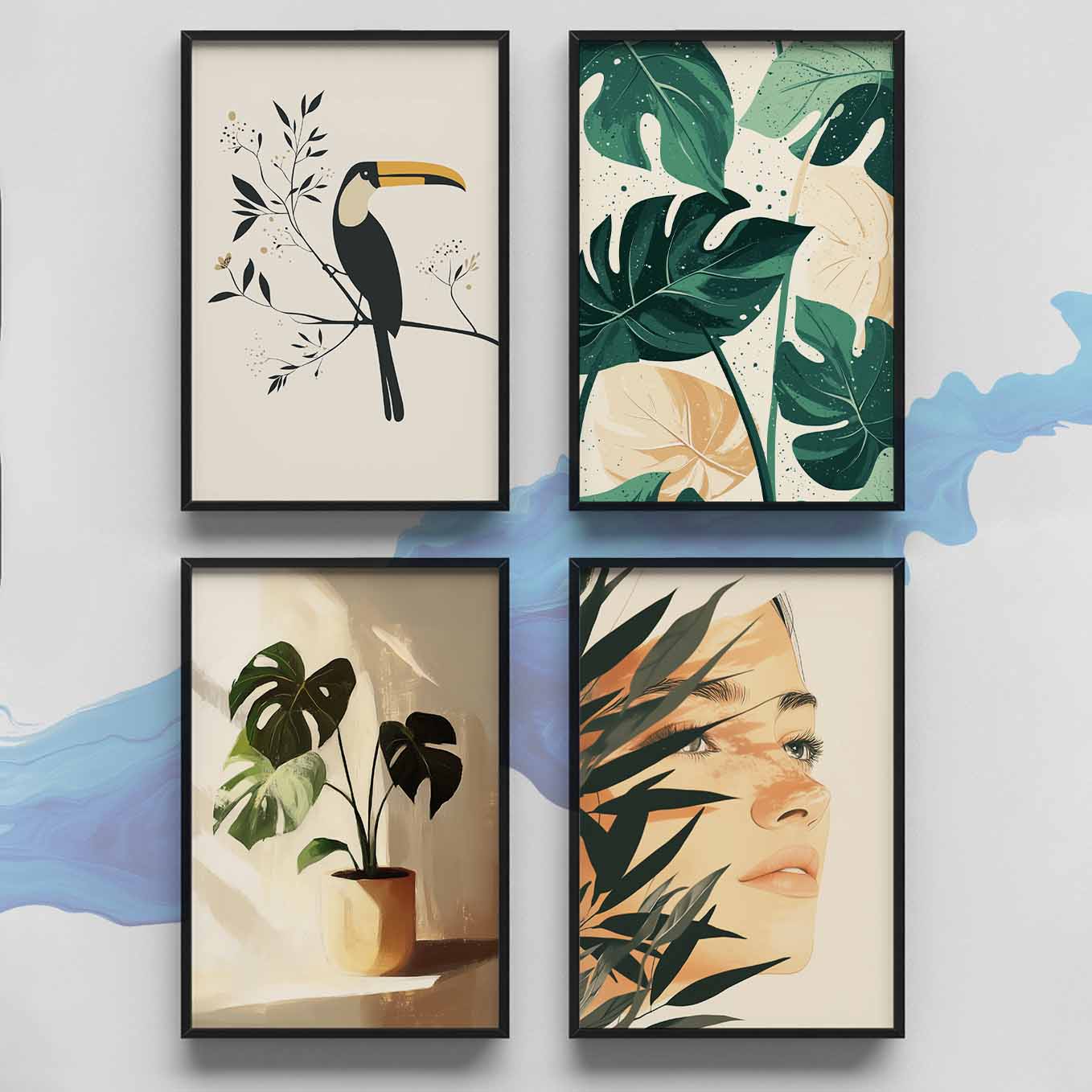 Modern Framed Set of 4 - Portrait Botanical wall art (12x18 inches, black frame, Plexi-glass) - Ready to hang Home Decor for Living Room, Bedroom or Office