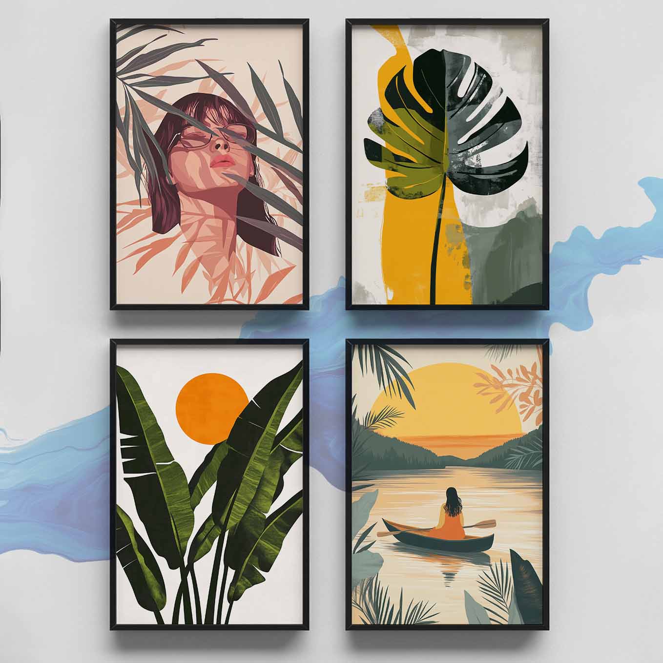 Modern Framed Set of 4 - Portrait Bohemian wall art (12x18 inches, black frame, Plexi-glass) - Ready to hang Home Decor for Living Room, Bedroom or Office