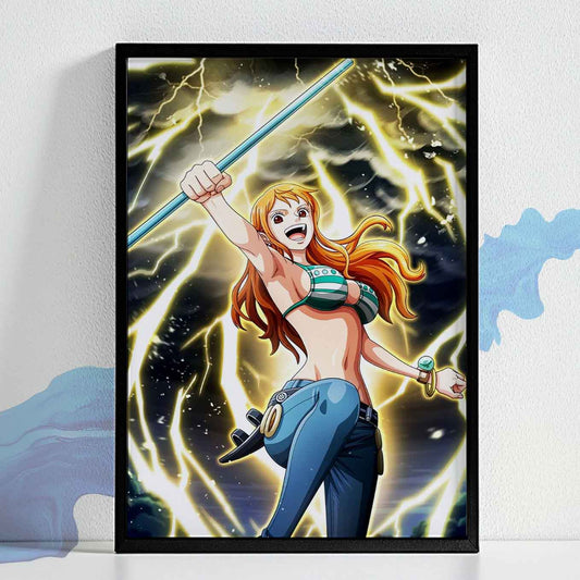 One Piece Nami Thunderbolt tempo Poster Art Framed (13x19-Inch, Plexi-Glass, Textured Frame)
