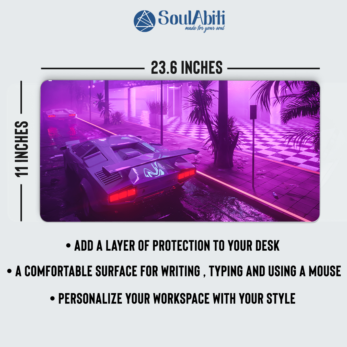 Neon Lights in the city Supersports car Art Mouse Pad - 23.6 x 11 Inches Desk Pad - Gaming and Workstation Mat for Car enthusiasts - Non-Slip Rubber Base - Smooth Surface for Precise Control