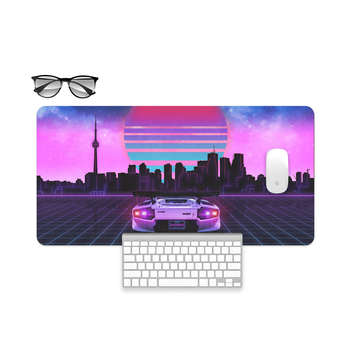 Neon City Retrowave Sportscar Countach Car Digital Art Mouse Pad - 23.6 x 11 Inches Desk Pad - Gaming and Workstation Mat - Non-Slip Rubber Base - Smooth Surface for Precise Control