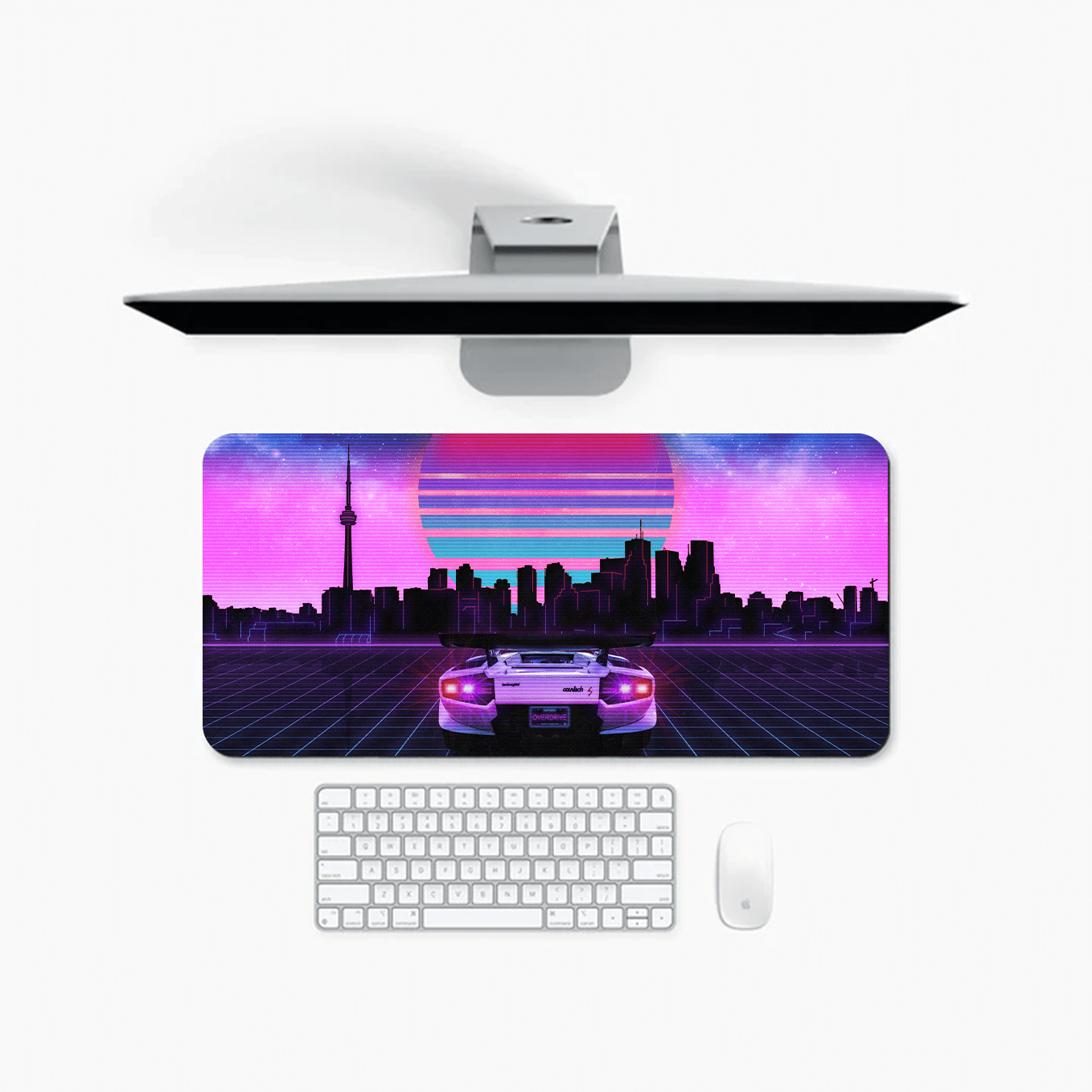 Neon City Retrowave Sportscar Countach Car Digital Art Mouse Pad - 23.6 x 11 Inches Desk Pad - Gaming and Workstation Mat - Non-Slip Rubber Base - Smooth Surface for Precise Control