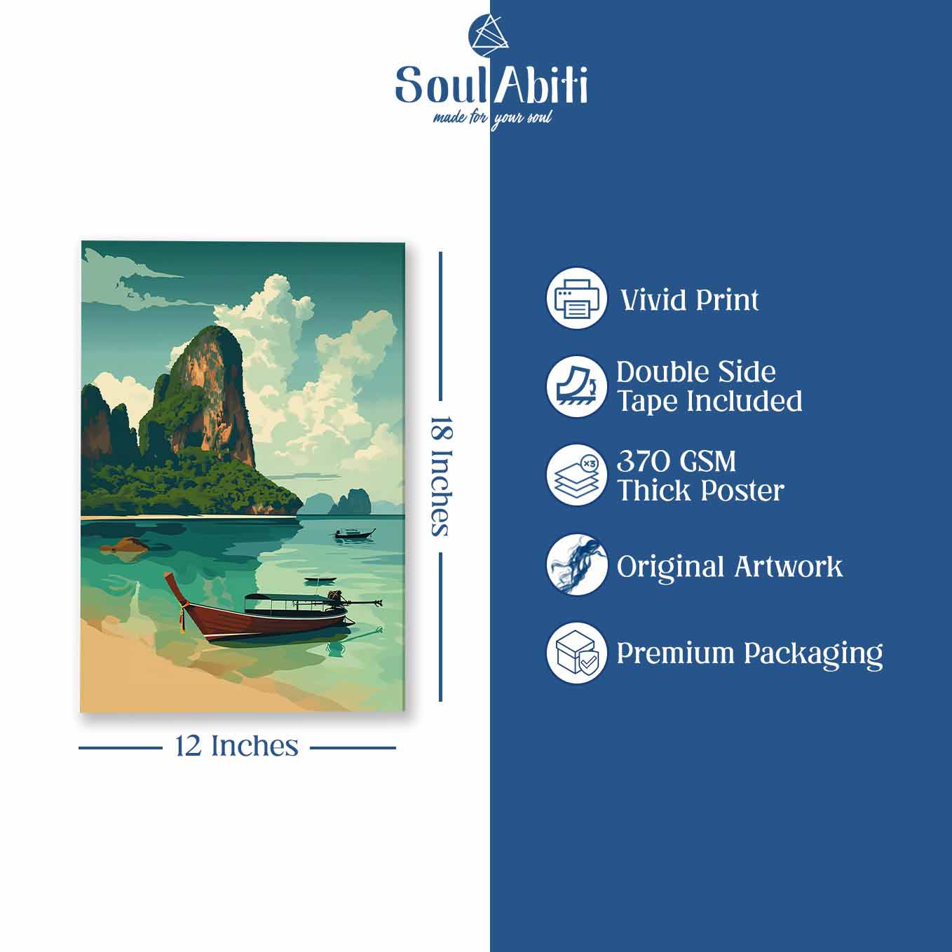 Tropical Beach and Boats Poster - Beach Wall art 370 GSM with Double Side Tape Ready to Stick Wall Decor