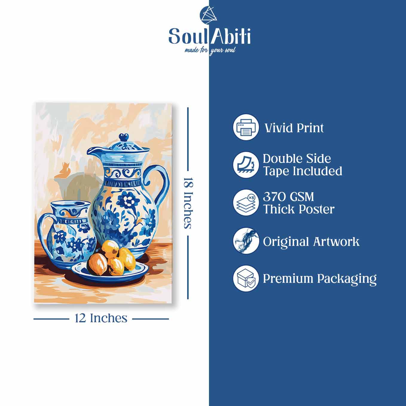 Vintage Blue Floral Pitcher and Fruit Still Life Poster - Wall art 370 GSM with Double Side Tape Ready to Stick Wall Decor
