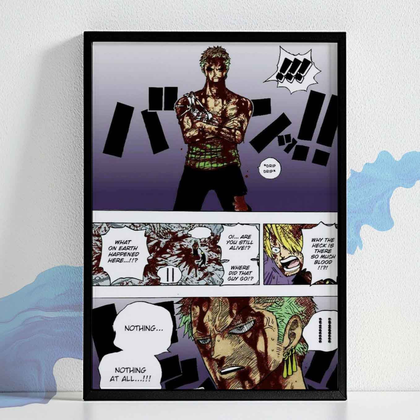 One Piece Roronoa Zoro Iconic Nothing Happened moment Poster Art Framed (13x19 Inches, Plexi-Glass, Textured Frame)